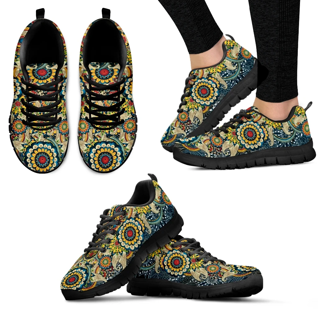 INSTANTARTS Bohemia Paisley Mandala Design Lace-up Flats Lightweight Mesh Sneakers for Women Shockproof Walking Footwear Gifts