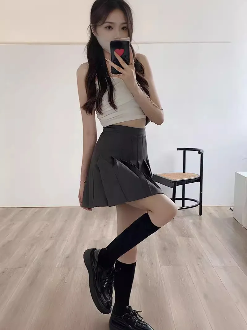 Saia plissada linha A de cintura alta feminina, saia JK, drape short, super quente, fina, nova, primavera e verão, 2024