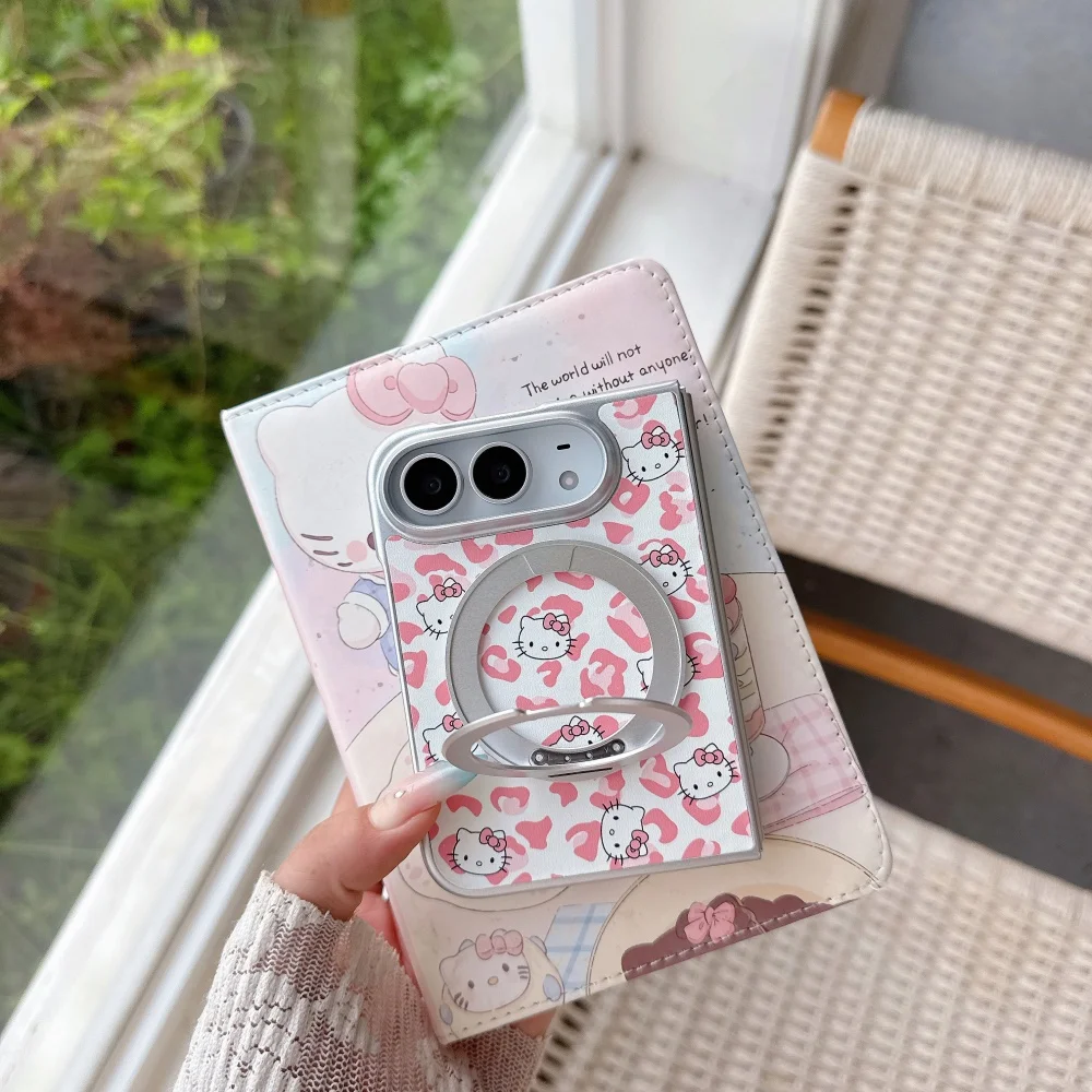 New Korean Ins Full Screen Cat Leopard Print Phone Case for iPhone Duo Fashion Anti-fall Protective Case with Magsafe Stadn Cute