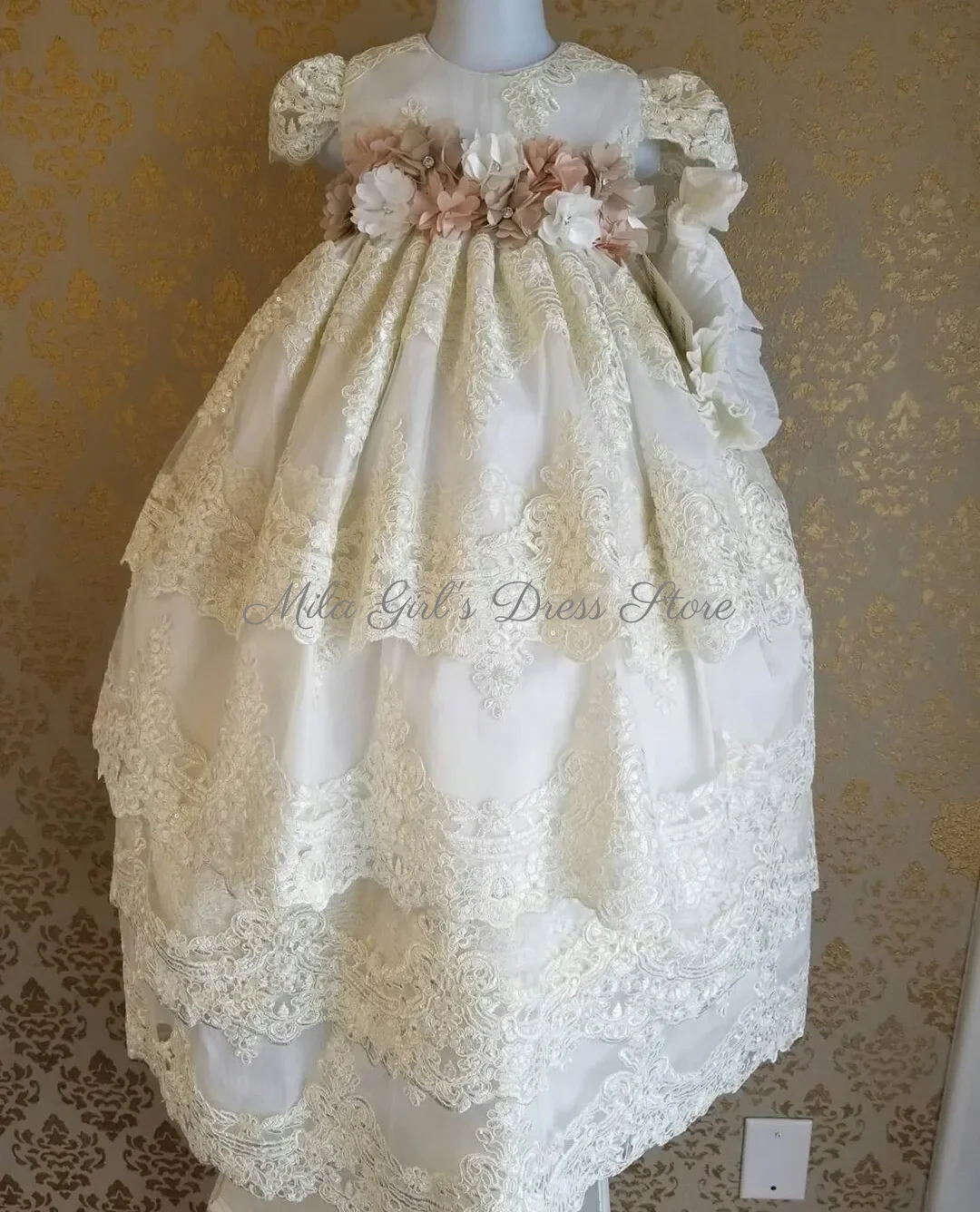 Christening Gown For Little Kids Long Sleeve Floral Lace Tiered First Communion Dress Toddler Infant Baptism Gowns Customized