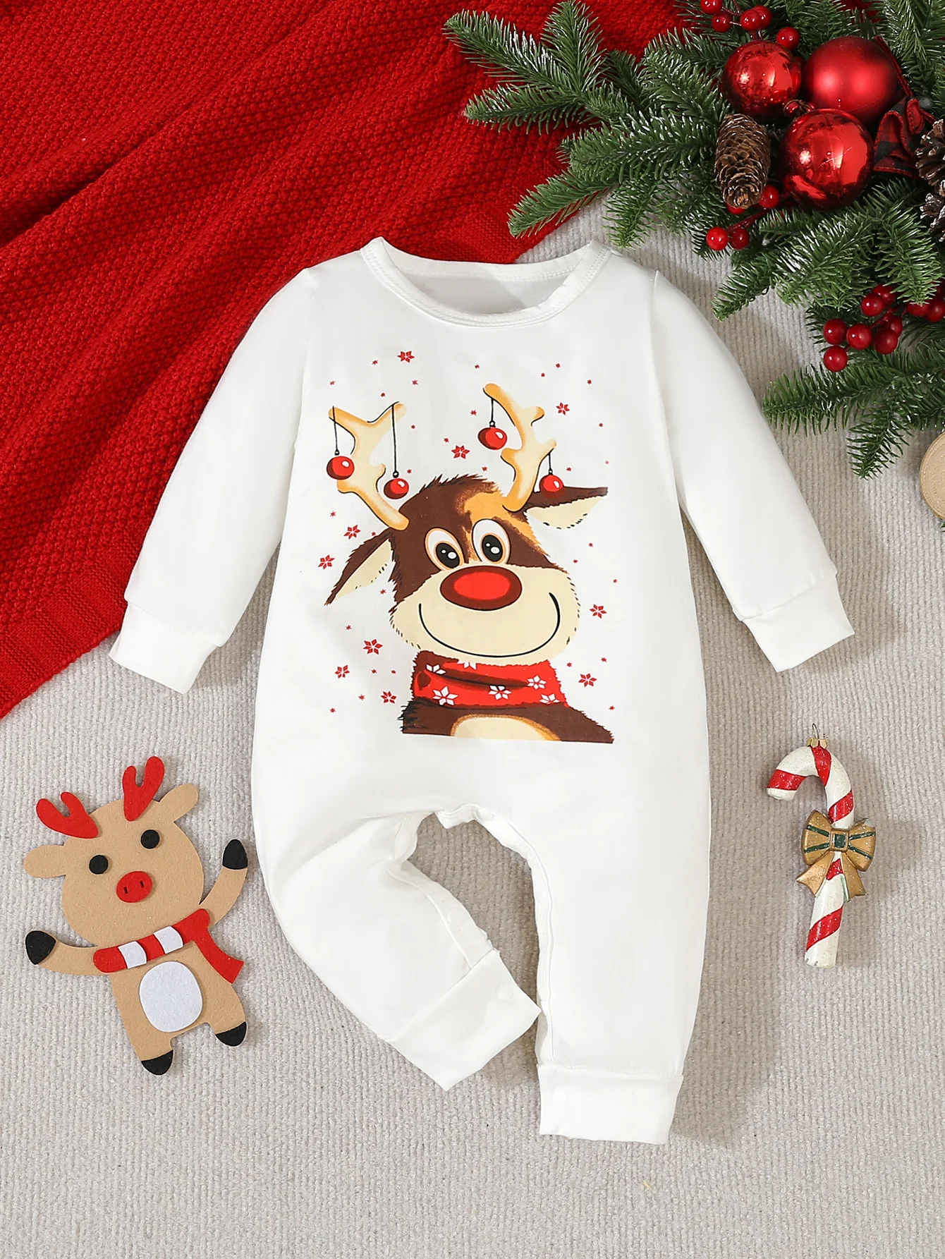 Christmas Newborn Baby Boys Girls Romper Cartoon Long Sleeve Jumpsuit Deer Printed Cotton Bodysuit Christmas Pajama Jumpsuit