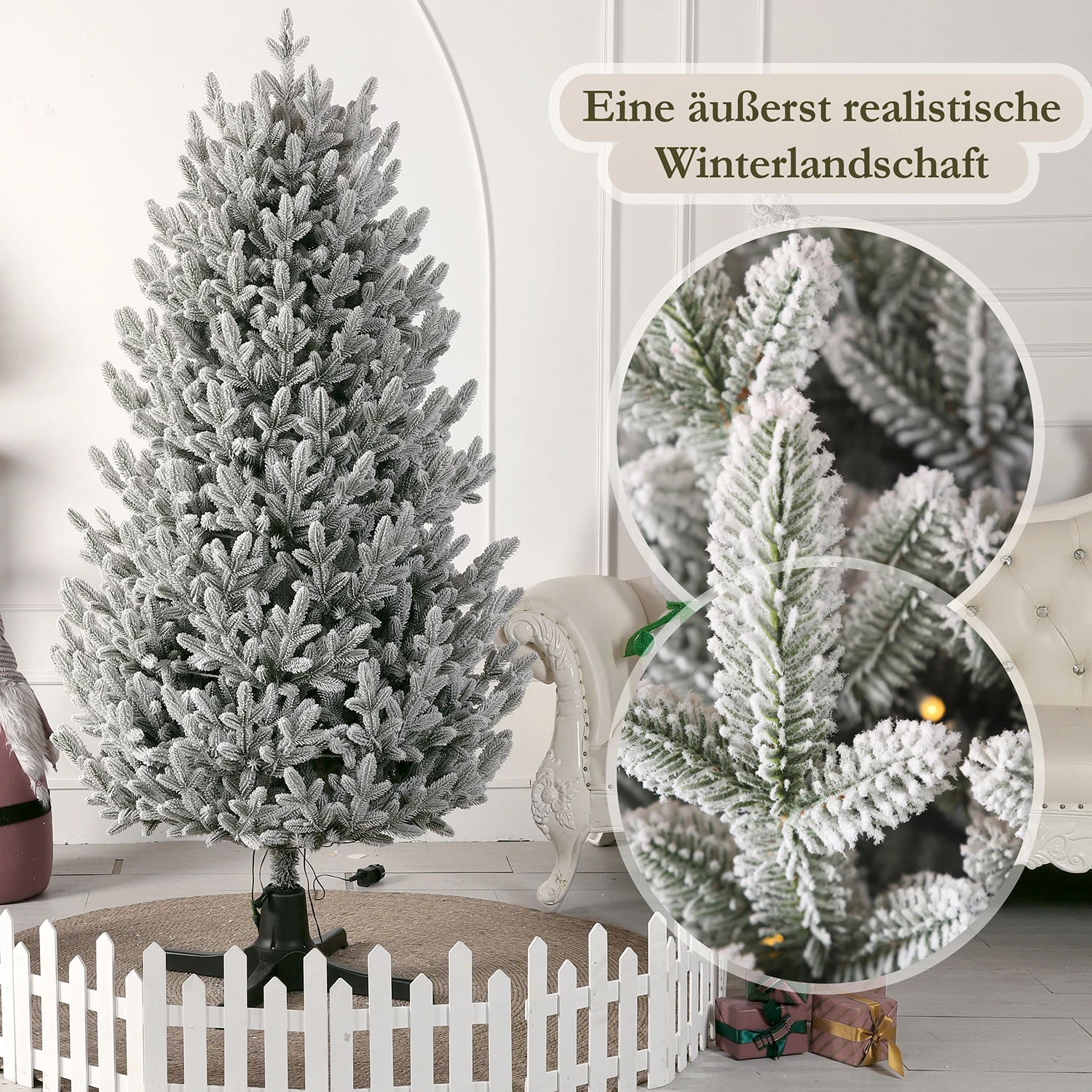 180 cm PE Mini weiße Schnee künstliche Weihnachtsbäume mit drehbarer Basis, 5992 Spitzen, 220 LED-Leuchten, Weihnachtsbaum-Party-Dekoration – Detail 3
