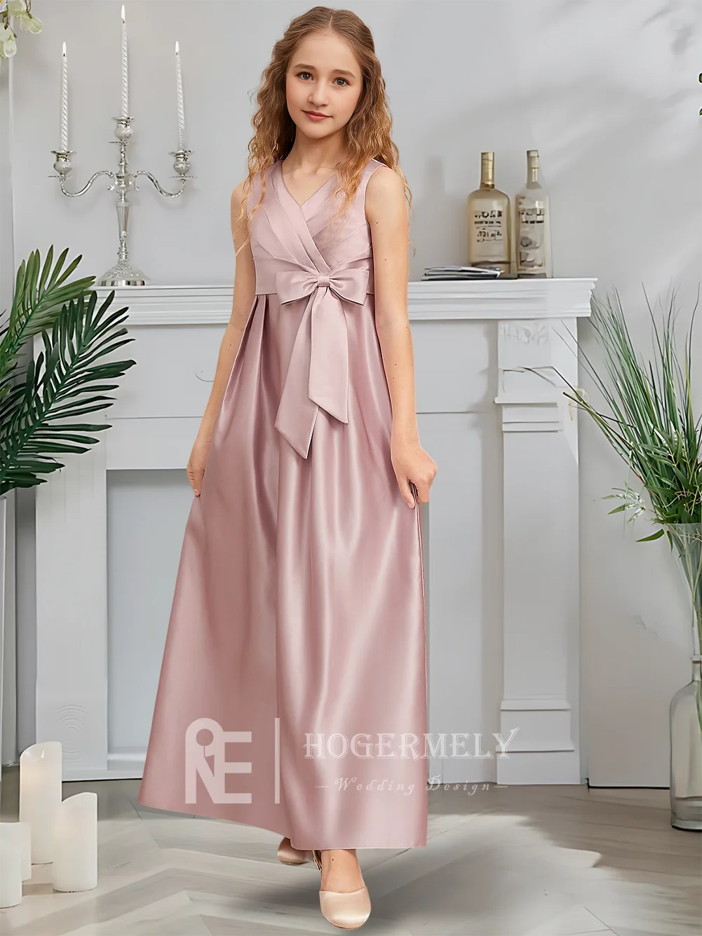 Этническое трапециевидное платье для подружек невесты, румяное платье с цветочным узором для девочек, v-образный вырез, атласный бант, садовое гала-платье для свадебной вечеринки