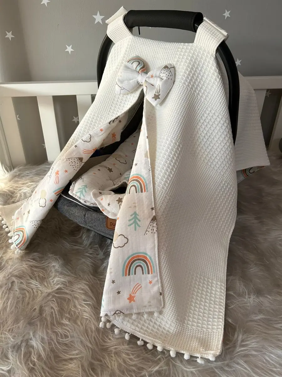 Handmade White Waffle Pique and Muslin Mountain Pattern Design Pompom Stroller Cover and Stroller Cushion