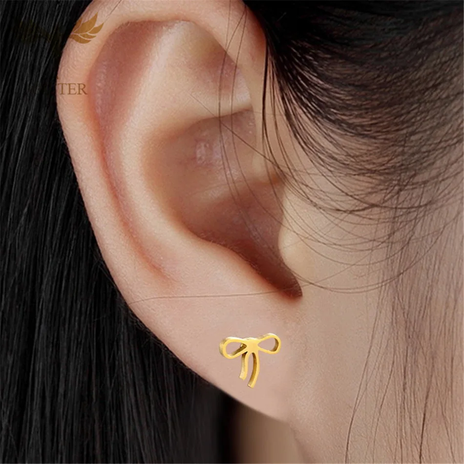 12 Pairs 18K Gold Plated Bow Earrings Stainless Steel Stud Earrings for Women Daily Wear Wholesale Job Lots Street Stall Jewelry
