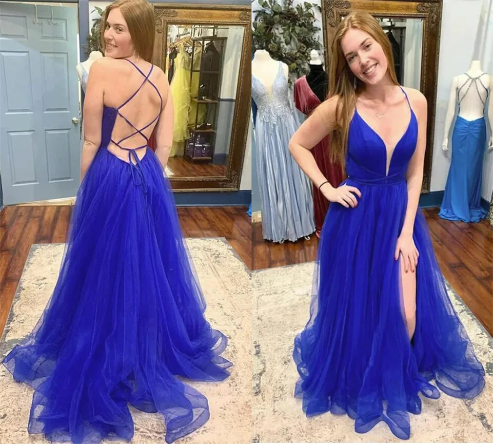 

Royal Blue Sexy Prom Dresses A Line V Neck Criss Cross Backless Tulle Long Evening Party Gowns Split Slit Front Formal Guest