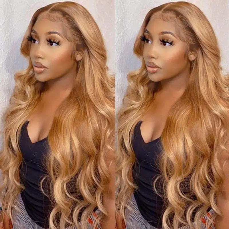 Body Wave 13x4 Hd Transparent Lace Front Human Hair Wigs #27 Honey Blonde Colored Human Hair Lace Frontal Wigs For Black Women