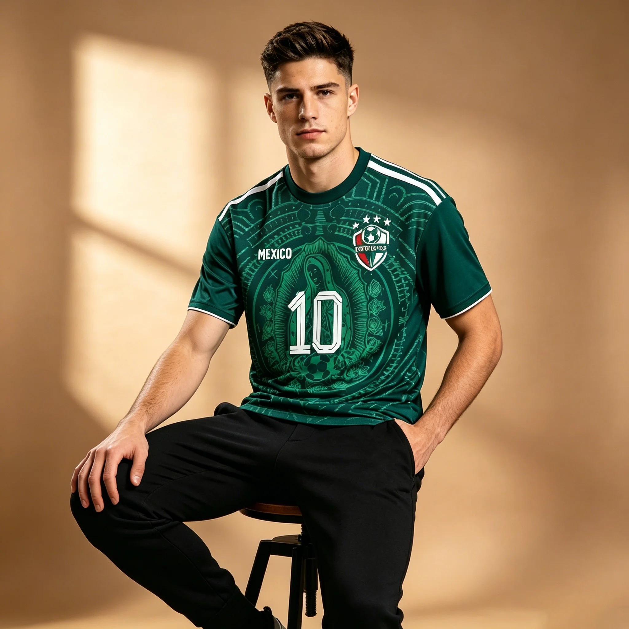 Men Mexico Number 10 Soccer Jersey Green Aztec Virgin Mary Print National Football Team Fan Short Sleeve Tee