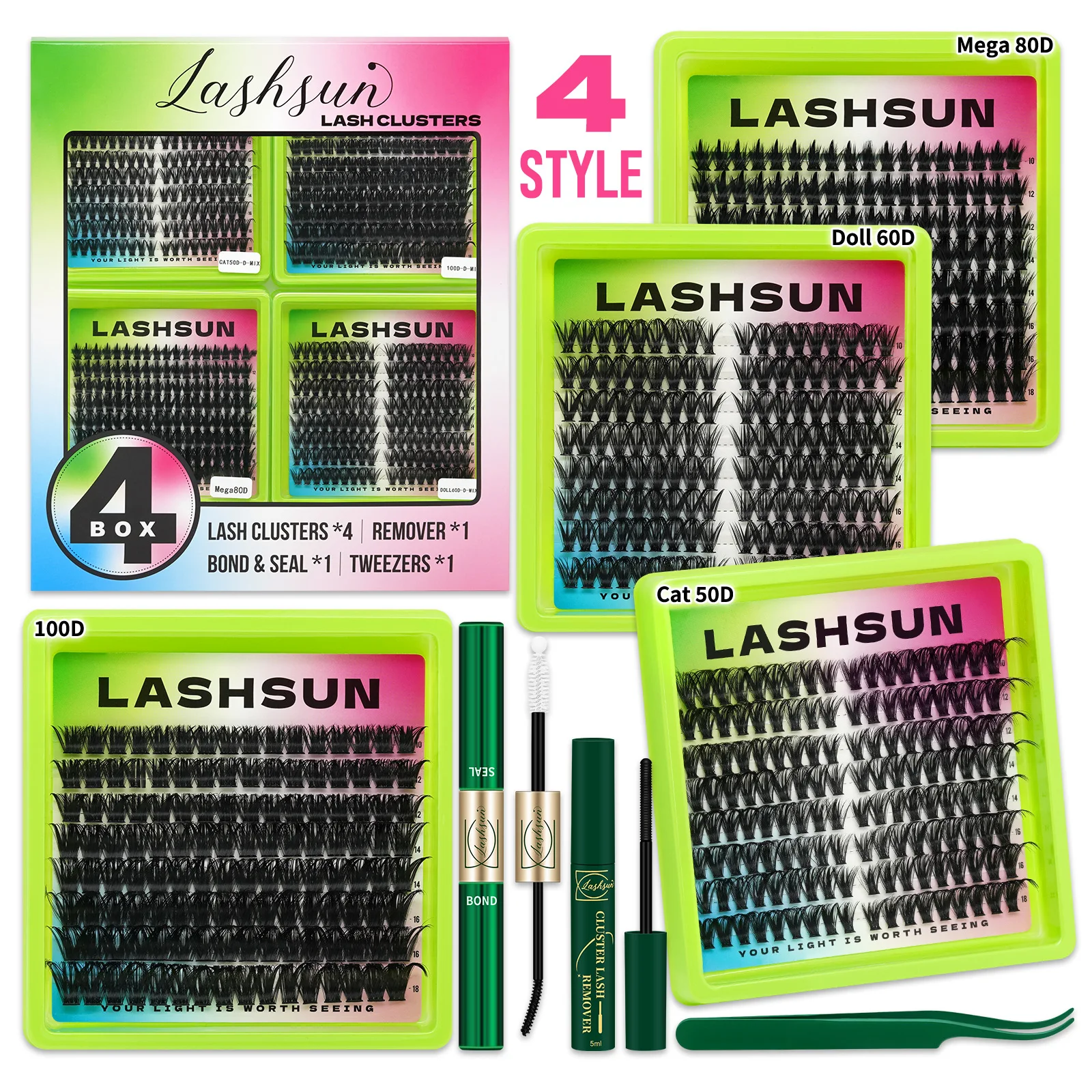 Lashsun 4 Styles Cat/Doll/Mega/Volume Lash Clusters Kit, WaterProof Lashes Eyelash Clusters with Bond&Seal Remover Tweezers