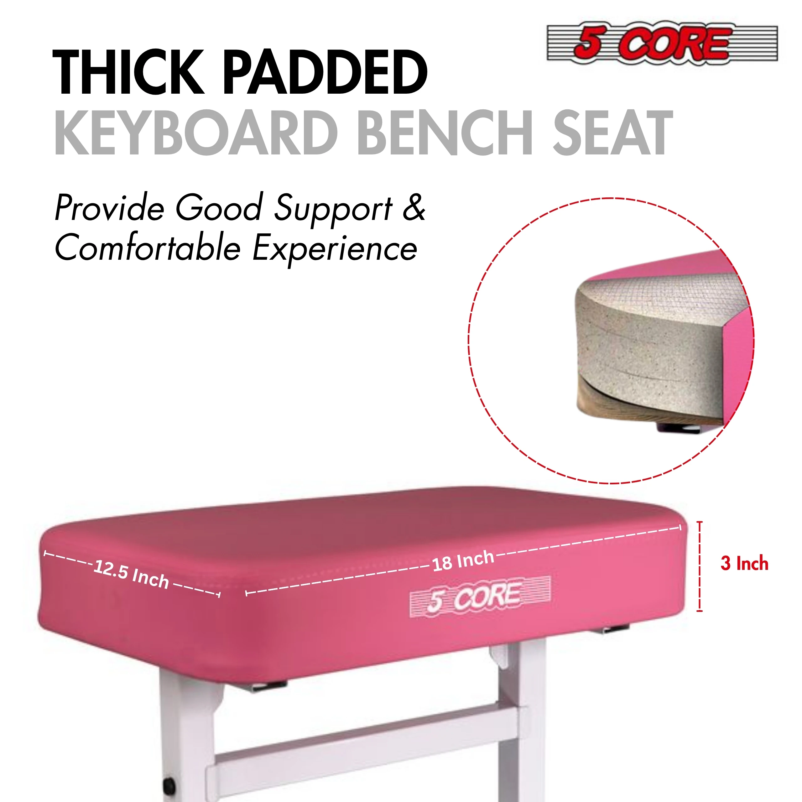 5 Core Keyboard Bench Piano Stool Thick Padded Seat Height Adjustable Keyboard Chair KBB H-ADJ PNK