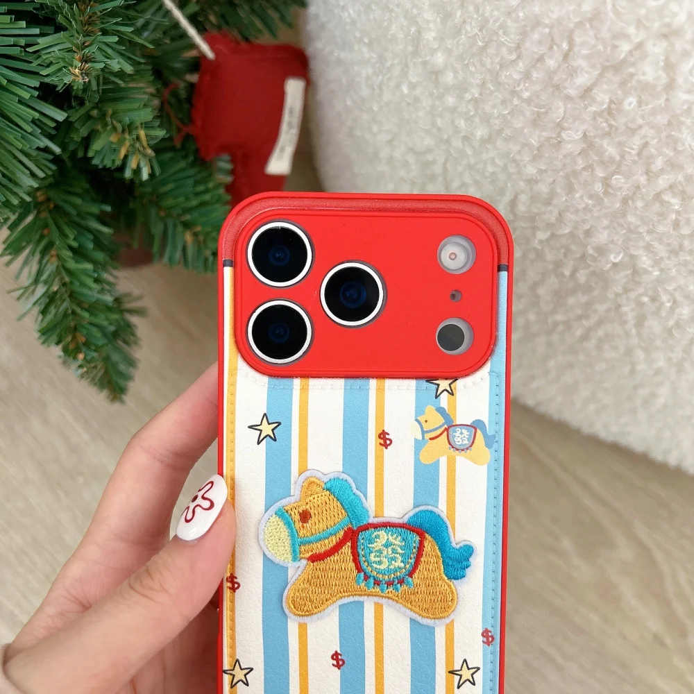 Casing ponsel seri kuda poni berbahan kulit lucu dengan bordir garis-garis, cocok untuk iPhone14/15/16/17 Pro Max, casing pelindung baru