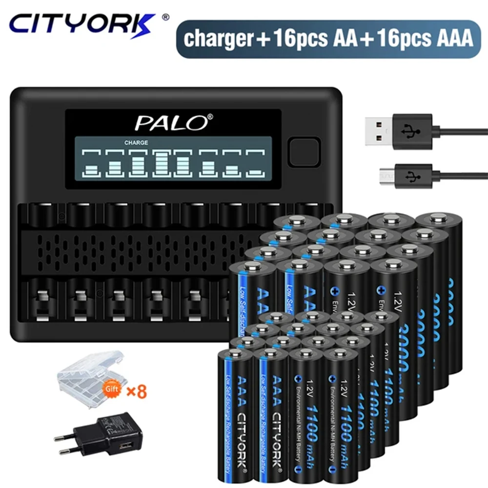 Cityork 8-40pcs 1.2V AA+AAA Rechargeable Battery 3000mAh AA Batteries 1100mAh AAA Battery+8 Slots 1.2V AA AAA Battery Charger