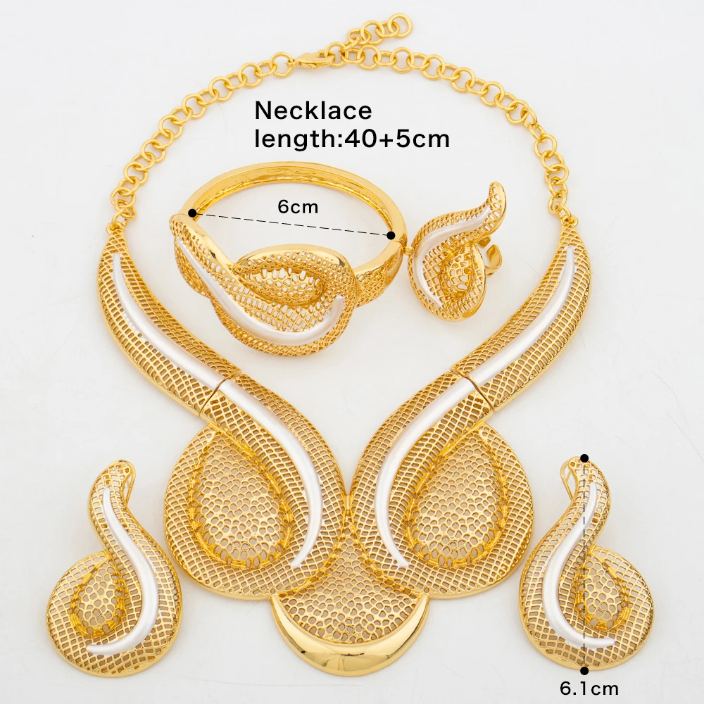 Fashion African Design Jewelry Set Lady Women Large Necklace Gold Color Earrings Luxury Bracelet Ring Jewelry Bridal Engagement