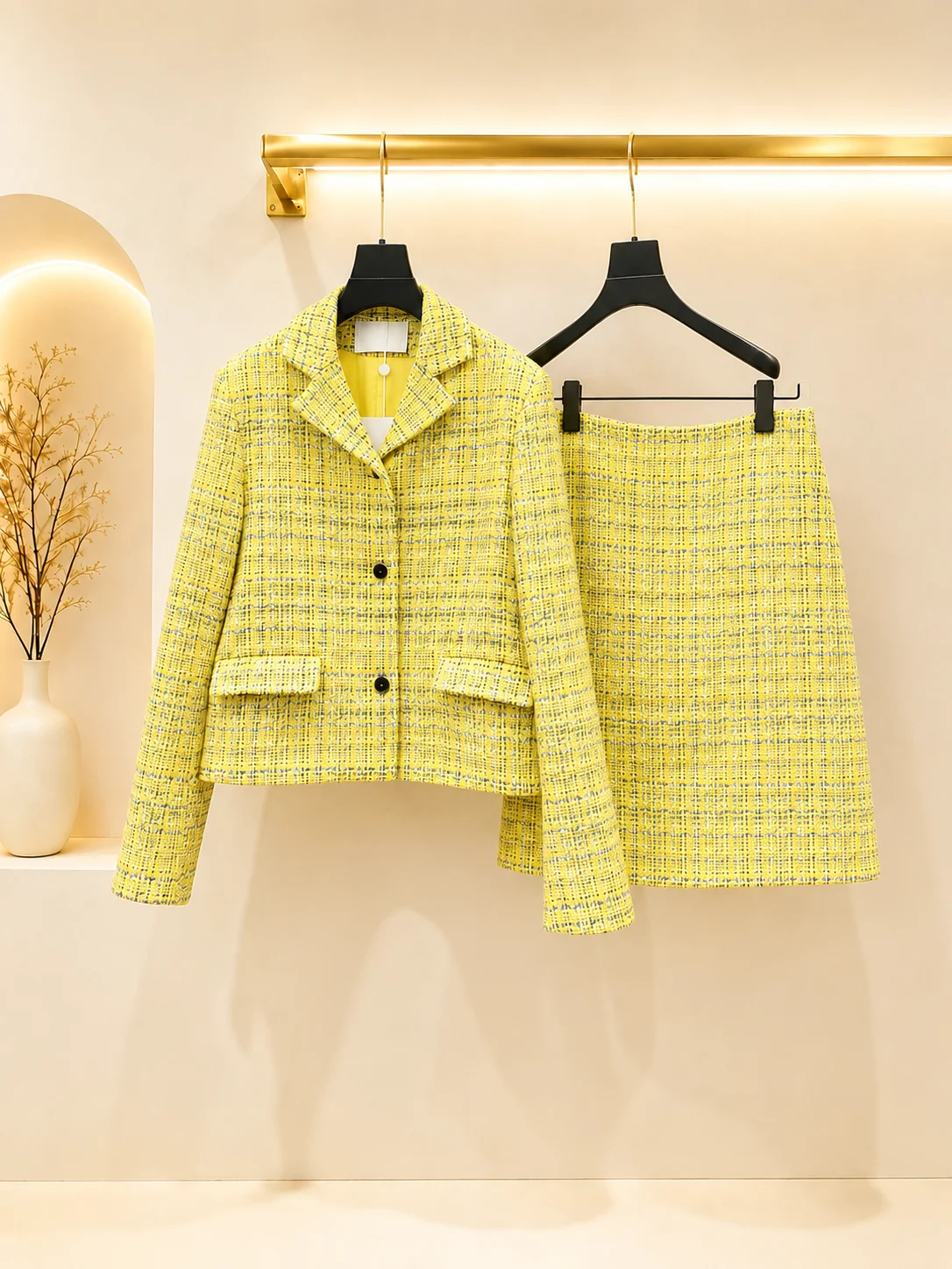 2026 Women Two Piece Tweed Matching Outfit Silver Yarn Blended Fabric Long Sleeve Jacket A‑Line Midi Skirt