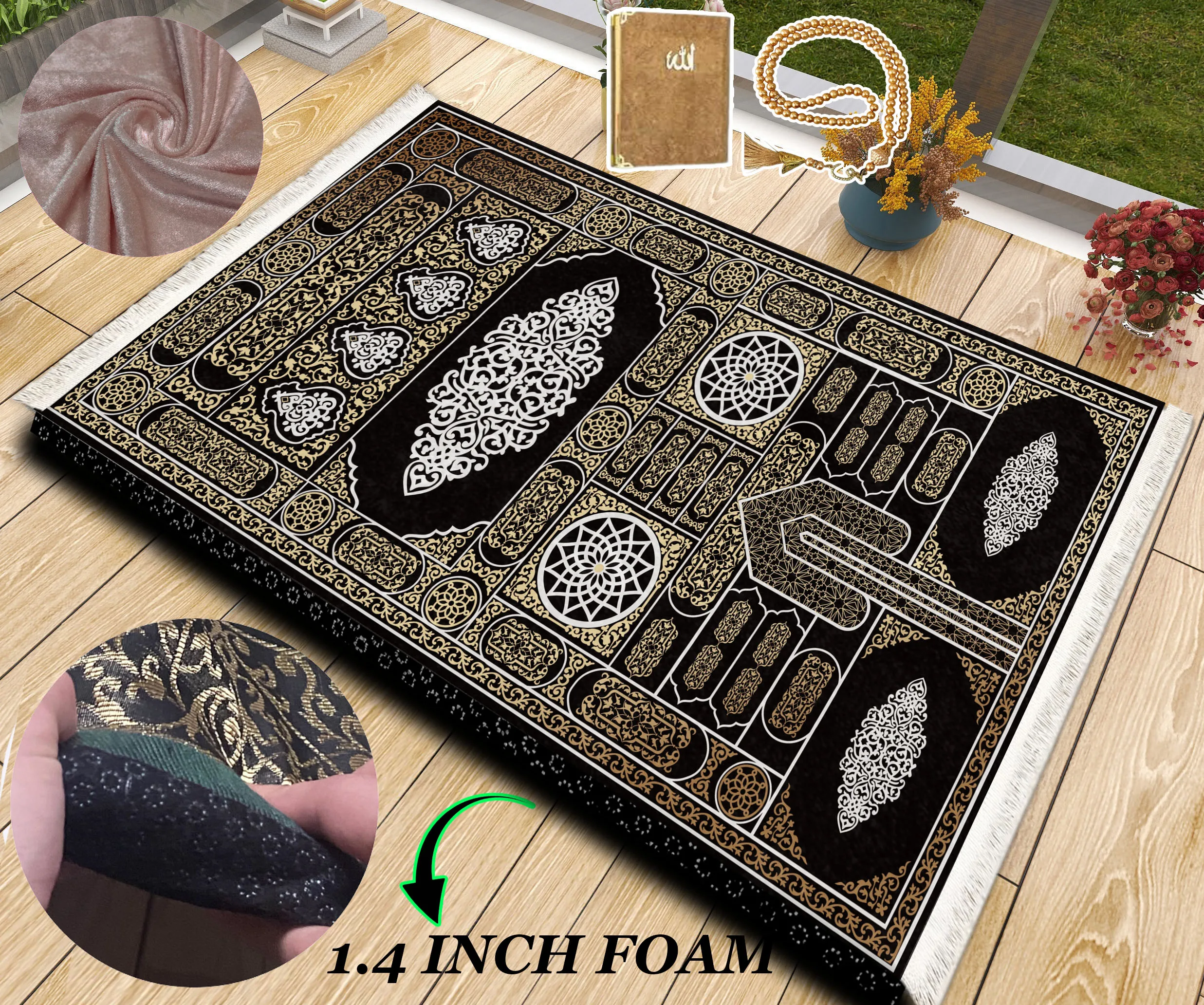 

Extra Thick Foam Padded Turkish Gold Kaaba Prayer Rug, Luxury Yaseen, Soft Praying Mat Carpet & Pearl Tasbeeh, İslamic Gift Set