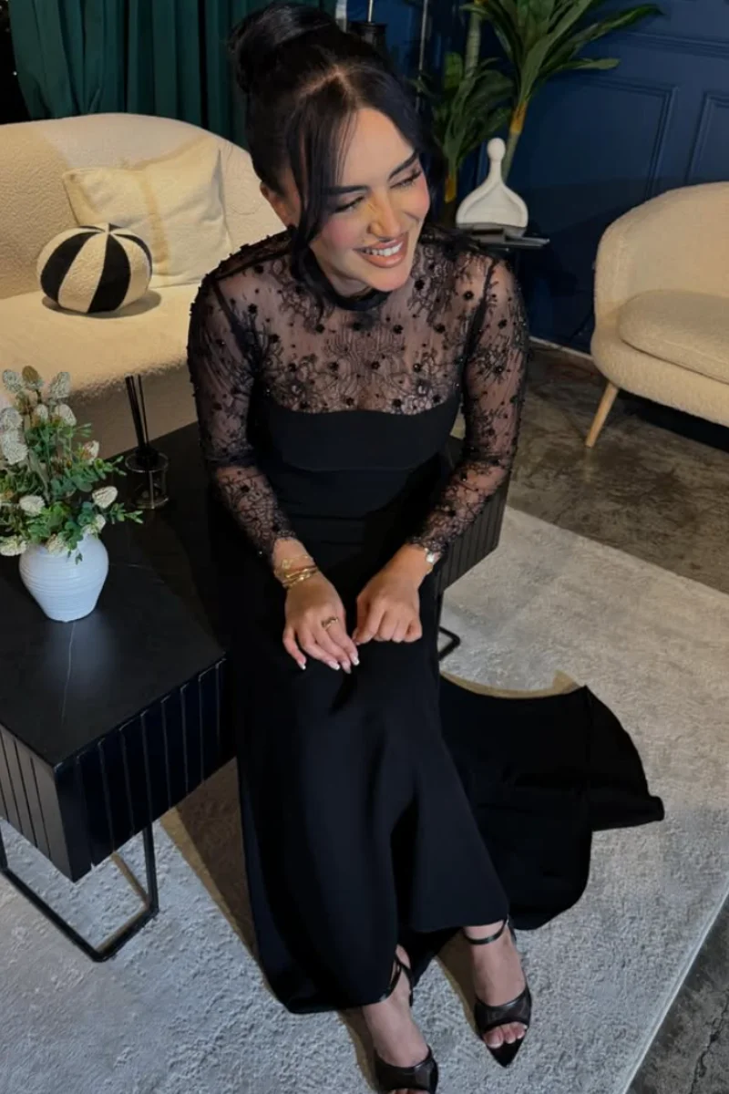 Jessica High-neck Sheer Lace Evening Dresses Elegant Woman In Black Prom Dresses Slim-fit Long-sleeved Formal Shirt PartyDresses