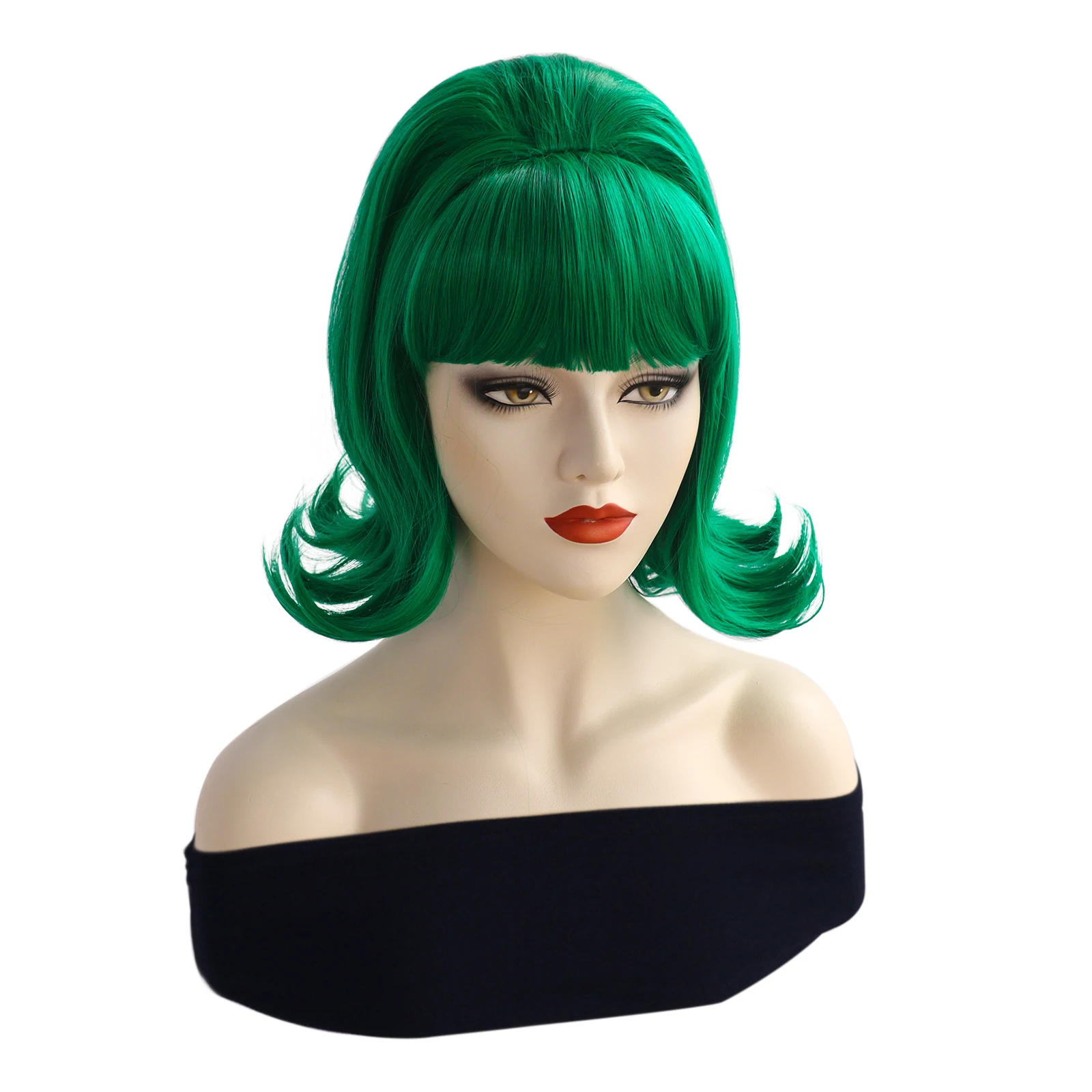 วิกผมสังเคราะห์สไตล์วินเทจวิกผมลอนแบบบีไฮฟ์ทรงสั้นย้อนยุคสีเขียวทรงเกล้ามวยสำหรับผู้หญิงวิกผมคอสเพลย์อะนิเมะหวานน่ารัก