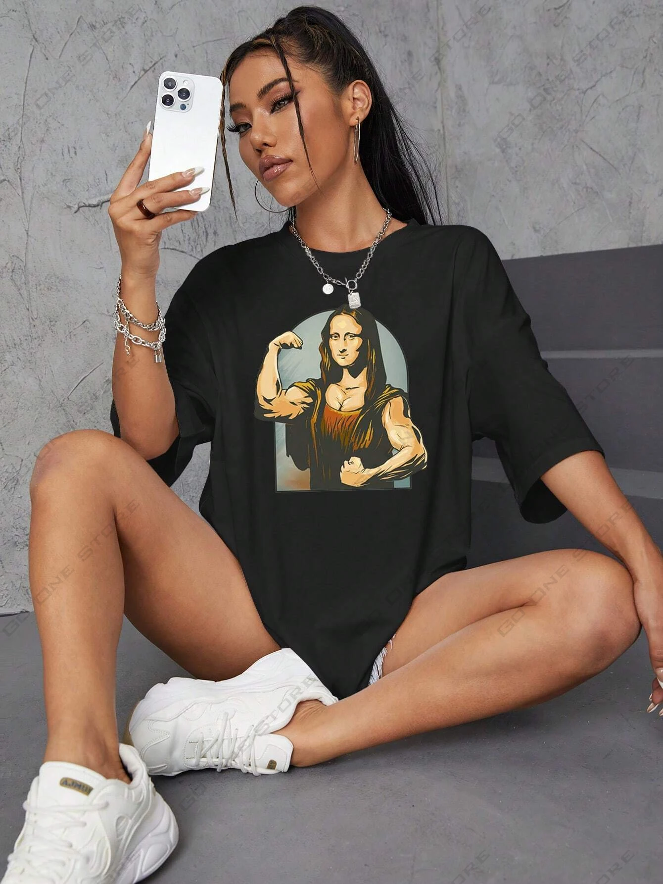 

Creative Muscle Mona Lisa Printed Street Hip Hop Women's Cotton T-Shirt Outdoor Harajuku Sports T-Shirt Gothic Style Women's Top