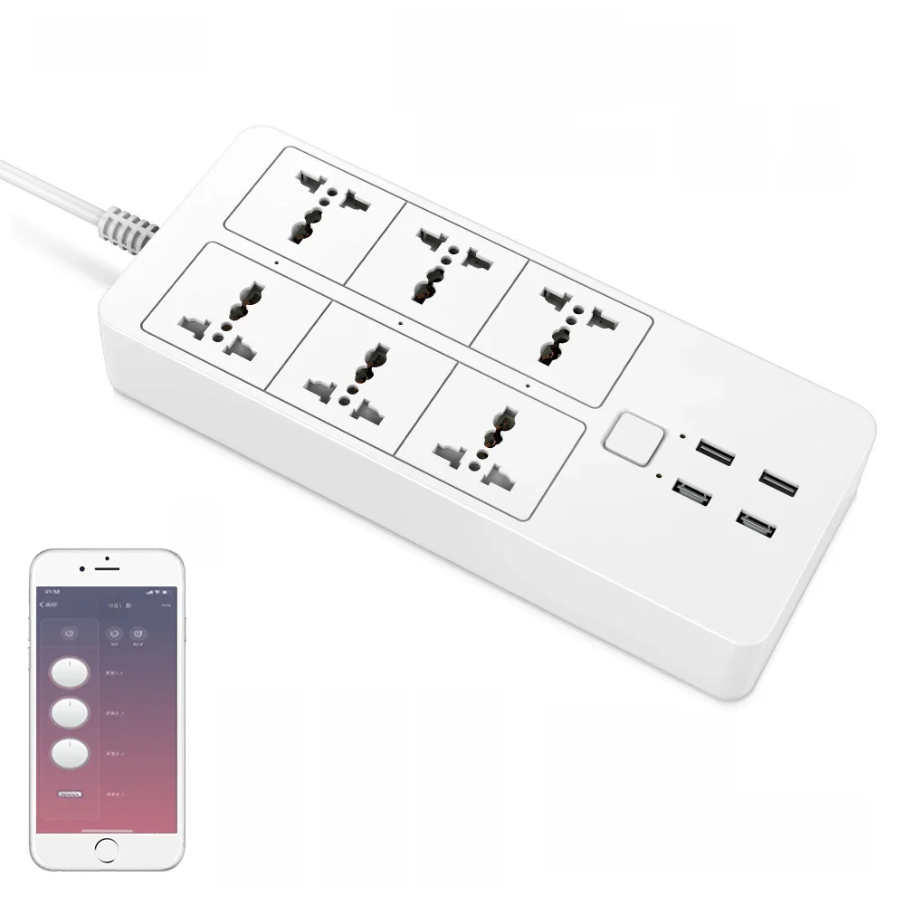 Inteligentna listwa zasilająca WIFI, uniwersalna, z 5V3.1A, sterowaniem Alexa, Google Home i Bluetooth, wielogniazdowa, 6 gniazd AC, 4 porty USB, sterowanie głosowe, UK/EU/US/AU — zdjęcie produktu 7