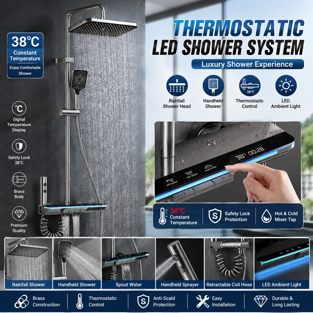 Thermostatisches LED-Duschsystem Badezimmer-Duschset Messing-Regenduschkopf Digitale Temperaturanzeige Warm-Kalt-Mischbatterie Wandmontierte Duscharmatur Regendusche-Kombination Handbrause für