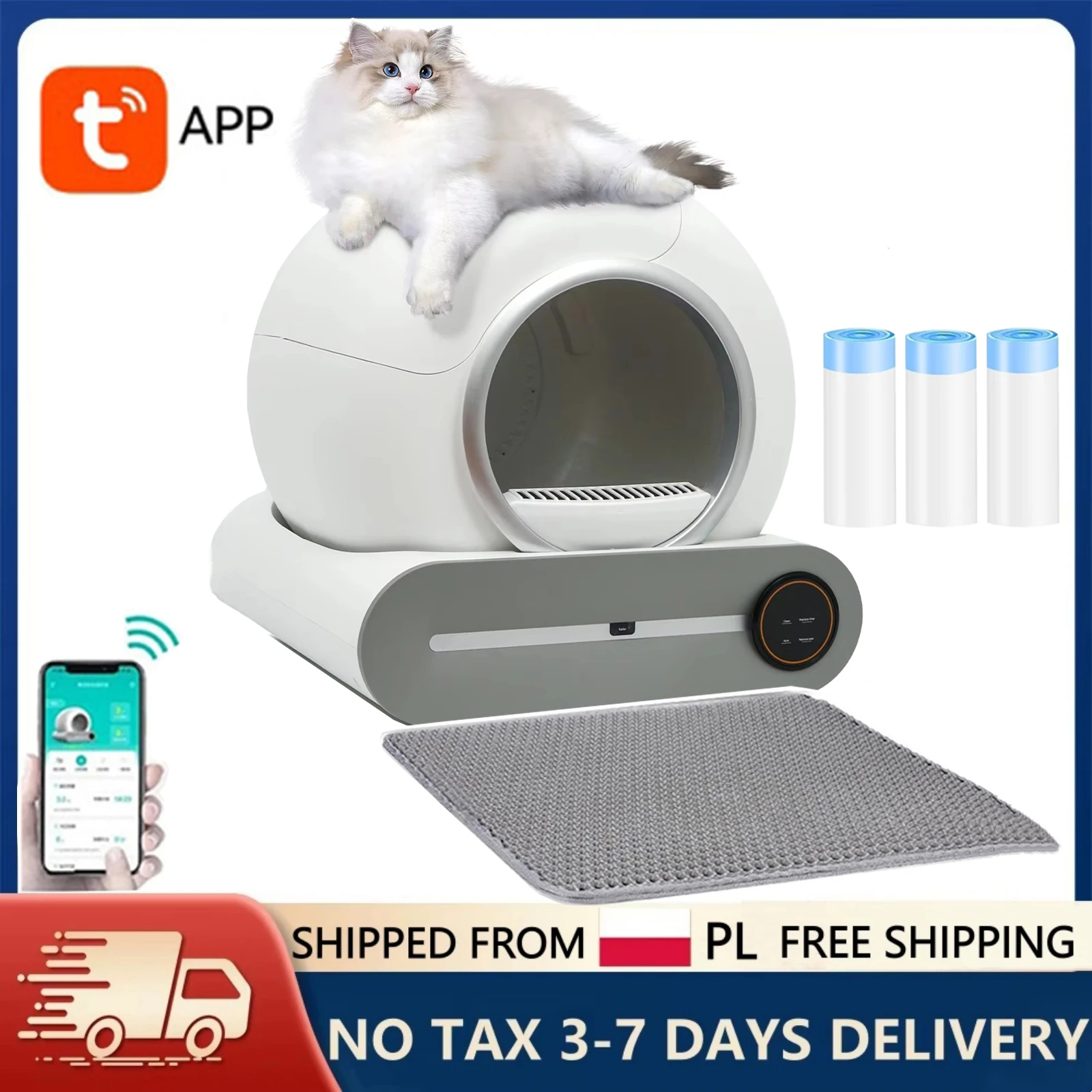 Caixa de areia inteligente autolimpante para gatos, 65l, grande capacidade, controle automático por aplicativo, caixa de areia fechada com tapete de