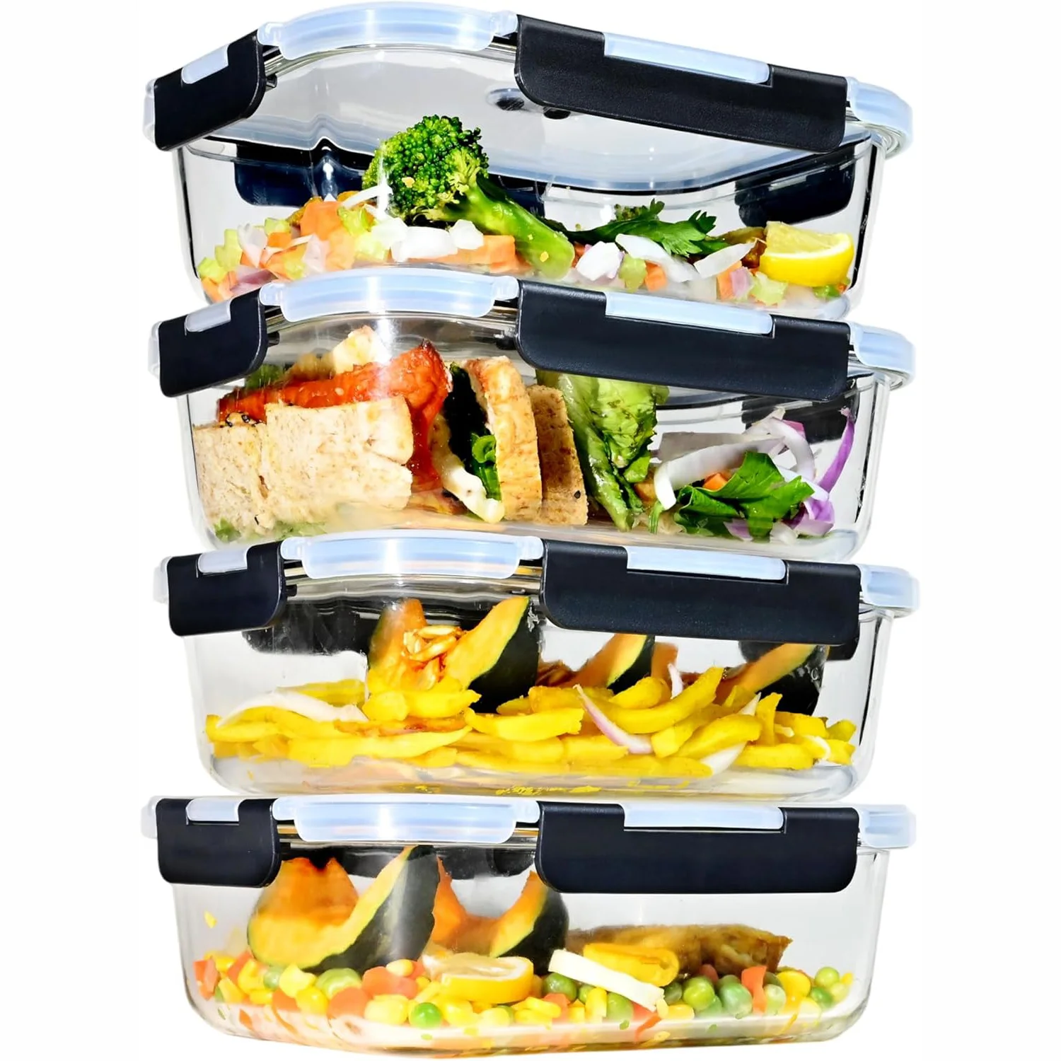 1520/640 ml glazen voedselopslagcontainers, set luchtdichte containers met stoomontlastkleppen, BPA-vrij, keukenopbergdozen