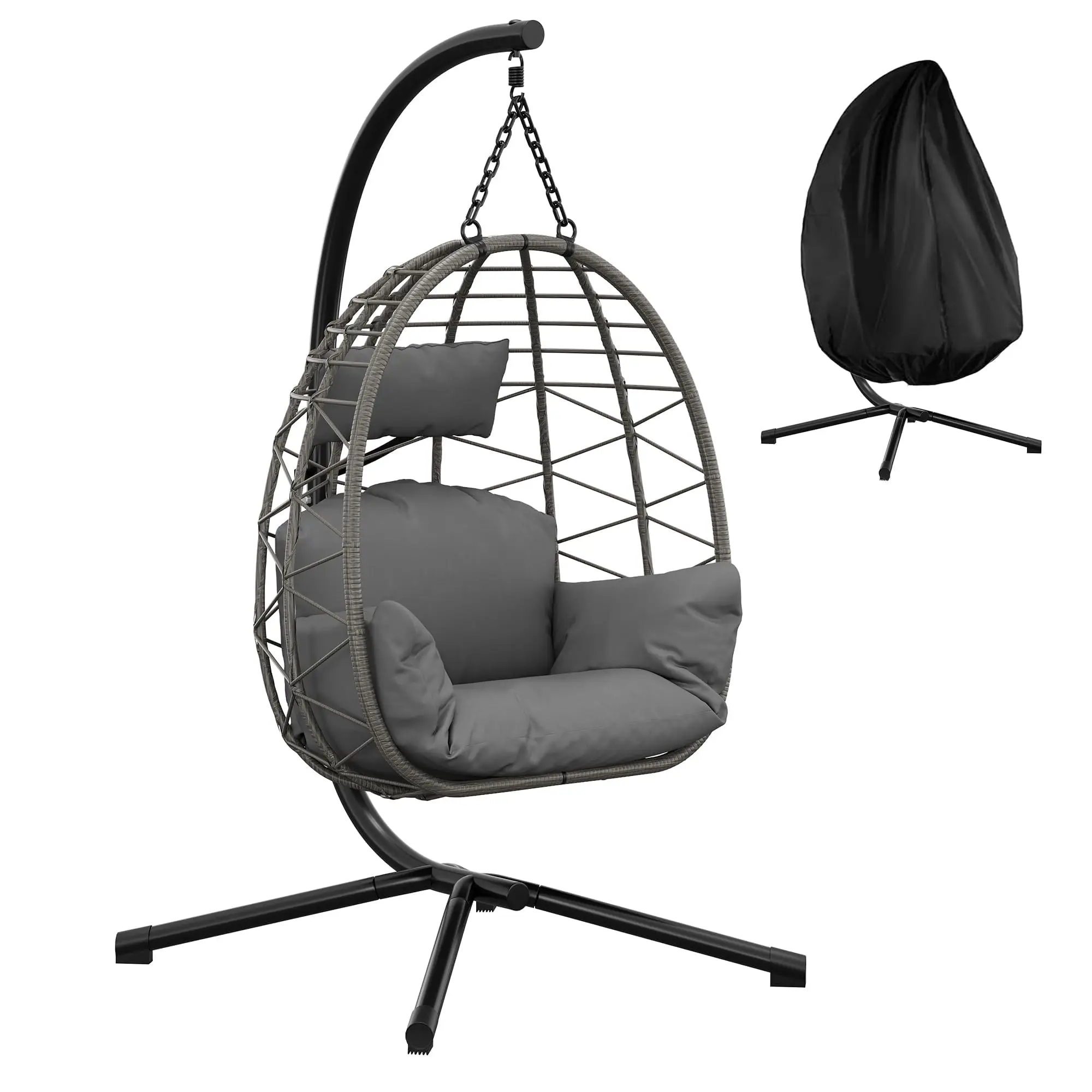 Hängesessel mit Metallrahmen und Schutzhülle, Rattan-Schaukelstuhl mit 130 kg Tragkraft für drinnen und draußen, für Kinder und Erwachsene