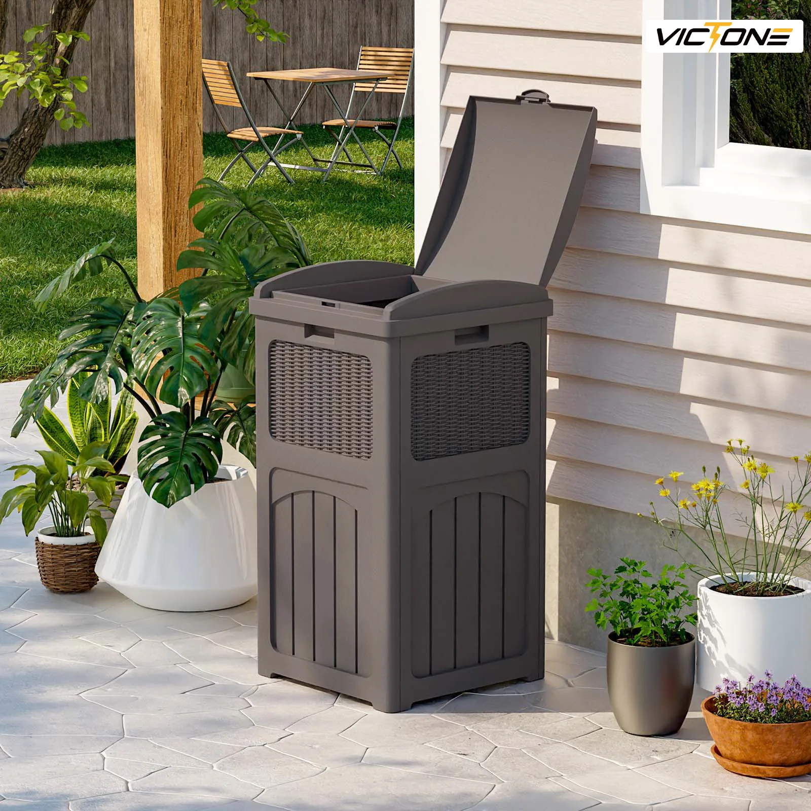 Victone 36 Gallon Outdoor Trash Can, Resin Outdoor Garbage Can with Lid for Patio, Backyard, Deck, Brown