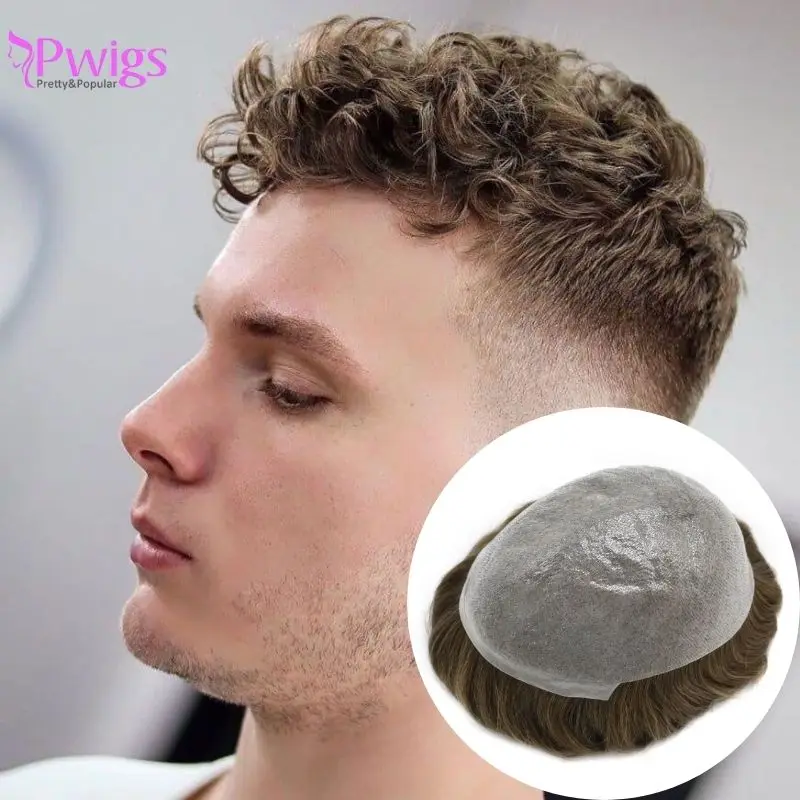 

Pwigs 0.04-0.06 mm Ultra Stock Thin Skin PU Base Men Toupee Thin Skin PU Men's Hair 7 Brown Color European 100%Human Hair System