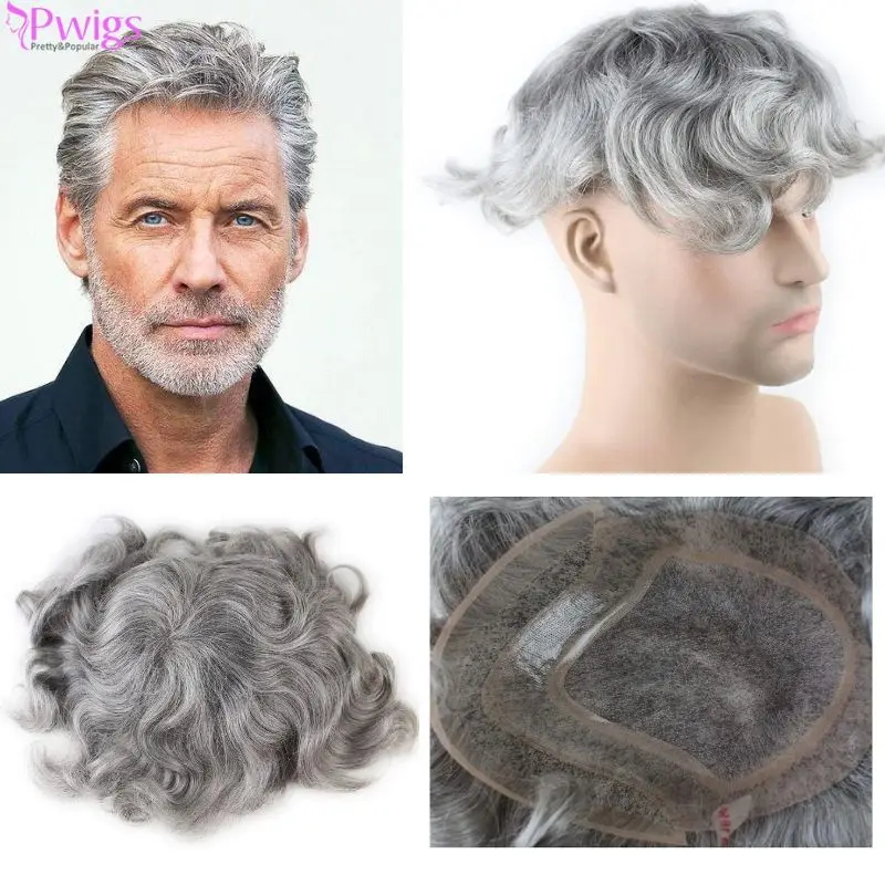 Pwigs Men's Toupee Grey Sliver #1B80 10×8 Wigs Human Hair Men Toupee Mono Lace With Npu Around Men's Hair System Replacement