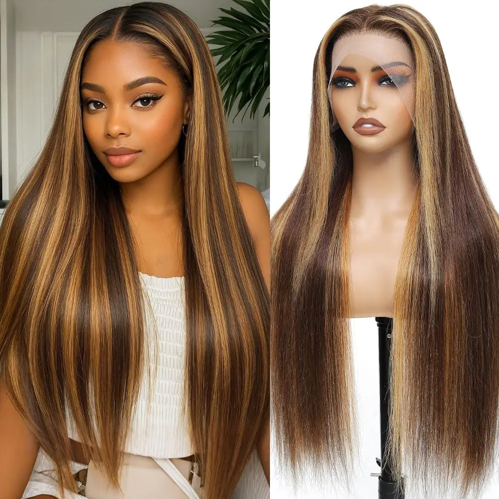 

4/27 Ombre Straight Lace Front Wig 200 Density Virgin Human Hair 13x4 Highlight Straight Wigs Human Hair Honey Blonde Wig