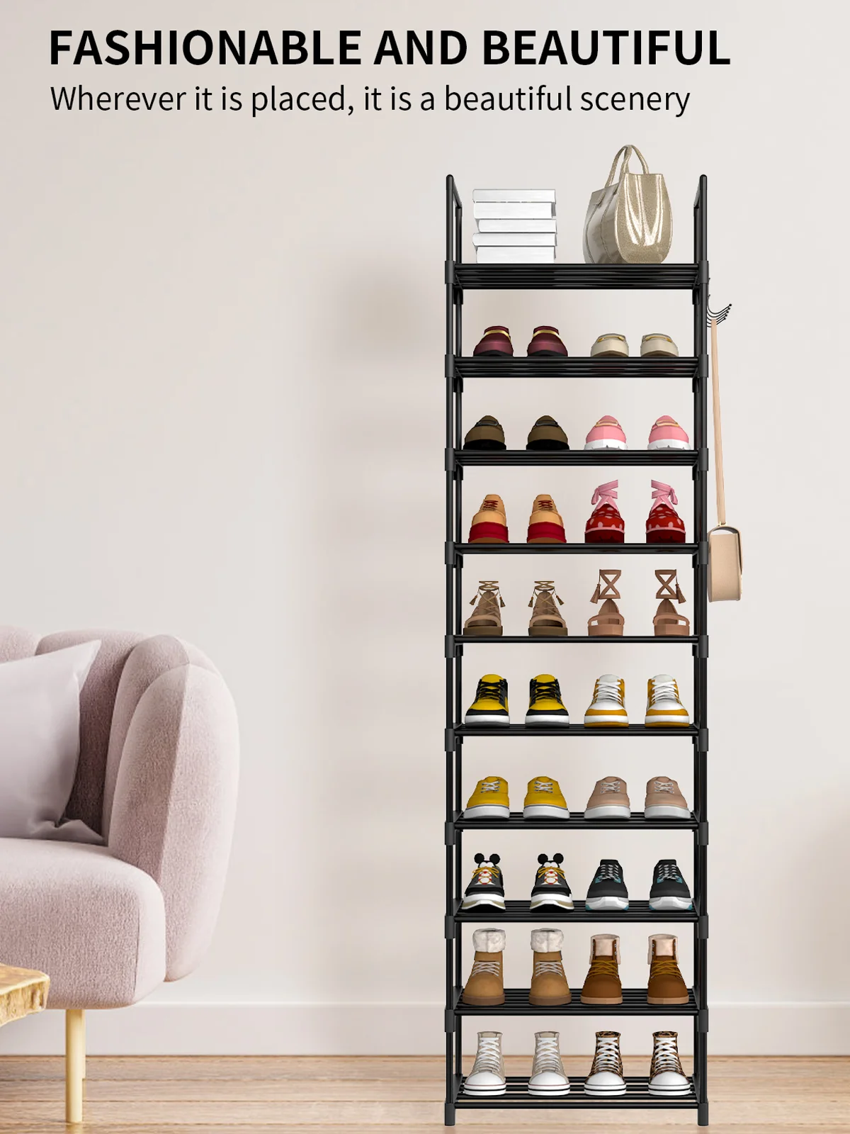 10-stufiges Schuhregal, platzsparendes multifunktionales Metallregal für Wohnheime, Eingangsbereiche, Flure und Schlafzimmer, 30 x 43 x 174 cm