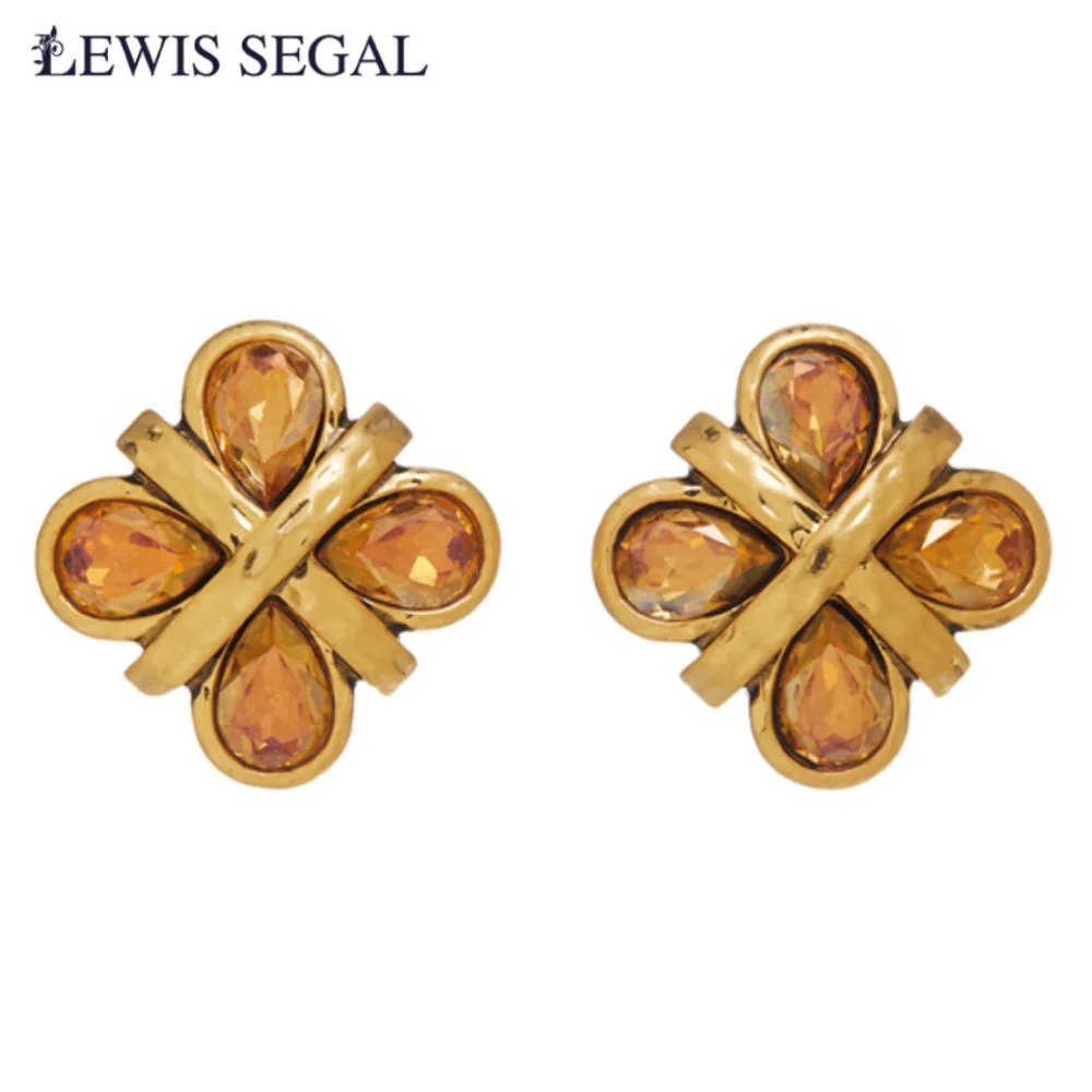 

LEWIS SEGAL Champagne CZ Crystal Flower Stud Earrings for Women High End 18K Gold Medieval Retro Style Ear Jewelry