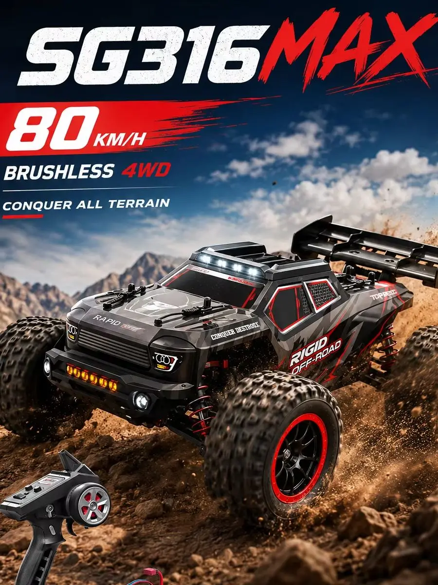 1/16 RC Offroad-Truck, Hochgeschwindigkeits-Rennwagen 80 km/h, 4WD, 2,4G-Steuerung mit LED-Rücklicht, lange Betriebszeit, ideal für Kinder
