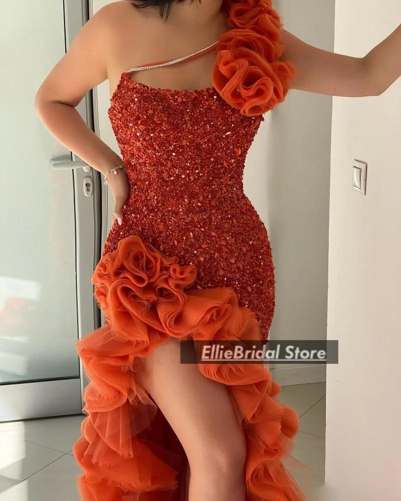 Sparkly Orange Evening Dresses One Shoulder Sequin Mermaid Wedding Party Dress 2025 Ruffles High Split Prom Gowns Customized