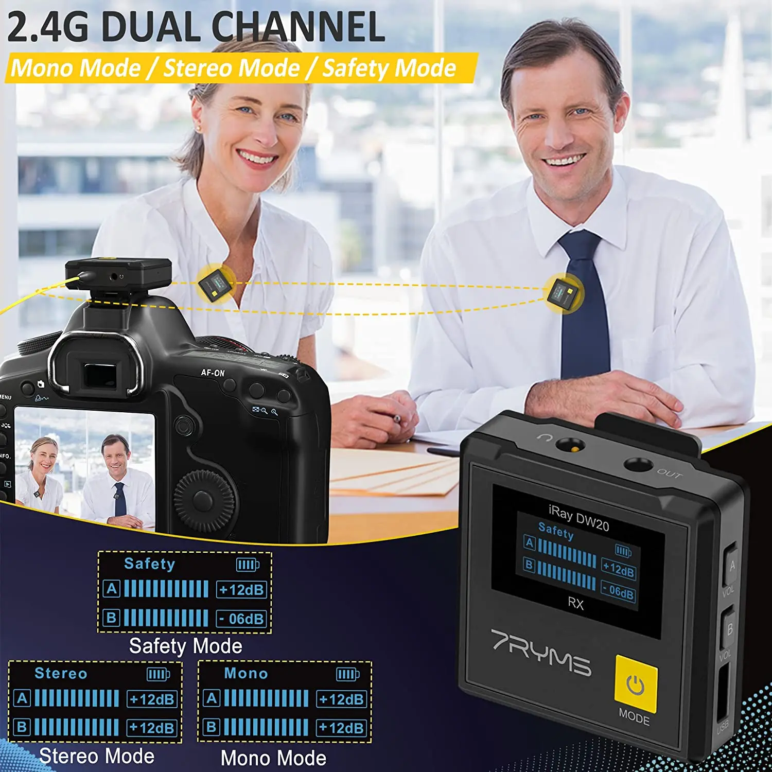 Mikrofon Lavalier Nirkabel 7RYMS IRay DW20 PRO 2.4G Mikrofon Kerah dengan Kotak Pengisi Daya untuk Ponsel Kamera YouTube Siaran Langsung Tiktok