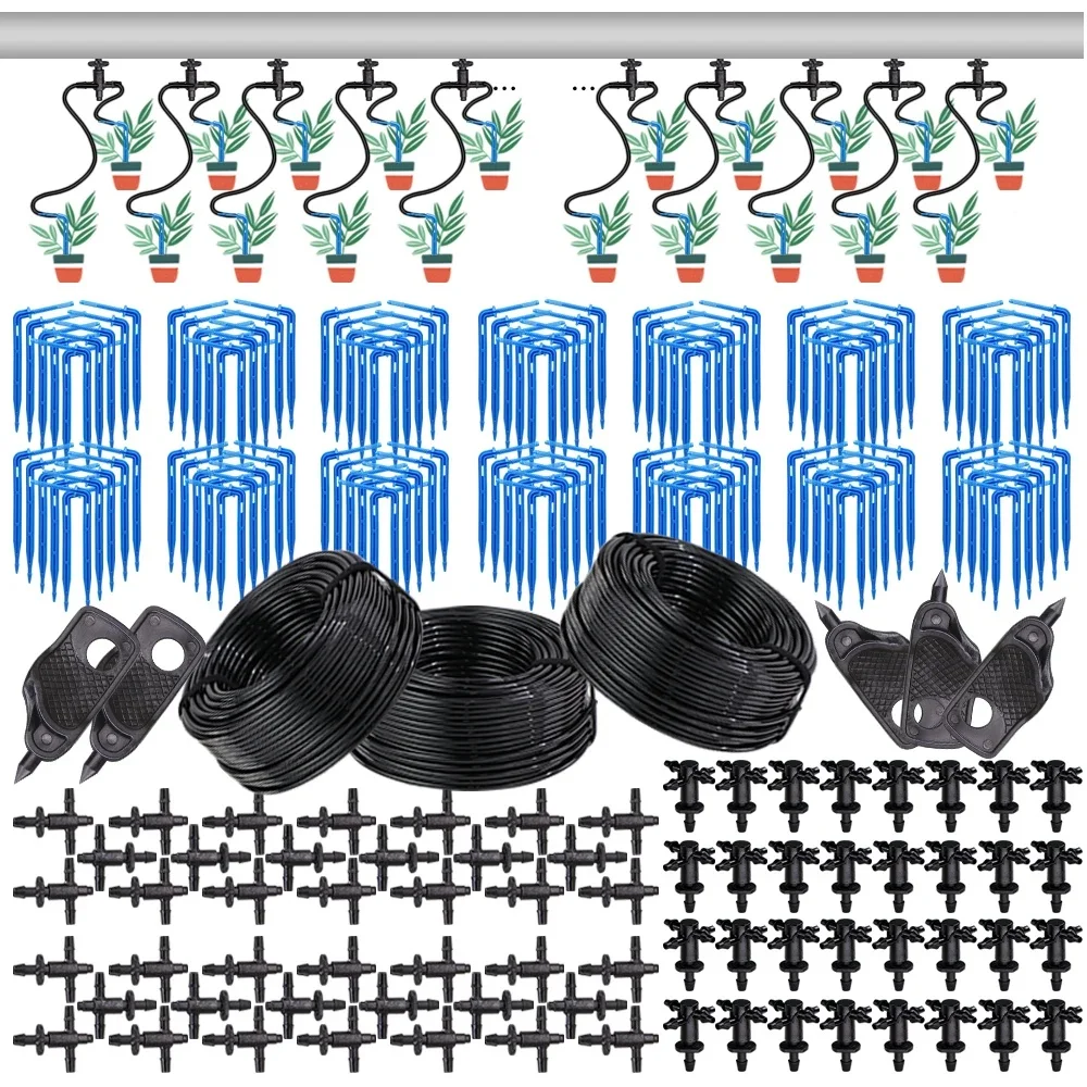 MUCIAKIE 10-100M Kit d'irrigation goutte à goutte pour serre 4 voies 3/5mm goutte à goutte flèche émetteur 2 voies système d'arrosage pour Pot jardin pelouse 1L/h