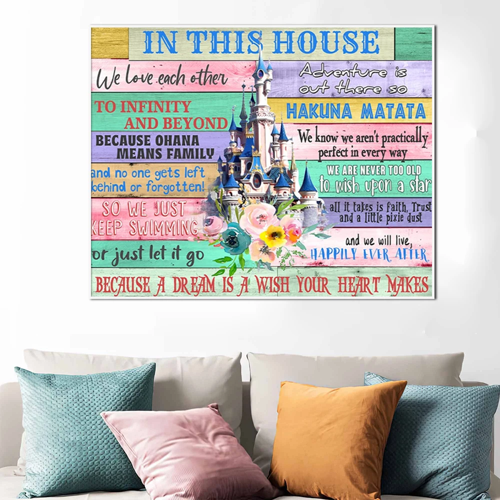 

In This House Positive Quotes Poster Disney Lion King Frozen Inspirational Painting Family Wall Art Canvas Print Room Home Decor