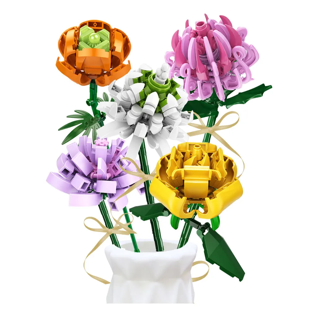 Make a bouquet block (rose yellow + White Clover White + lannance + chrysanx pink + bronze White purple)/Flower assembly interior props gift