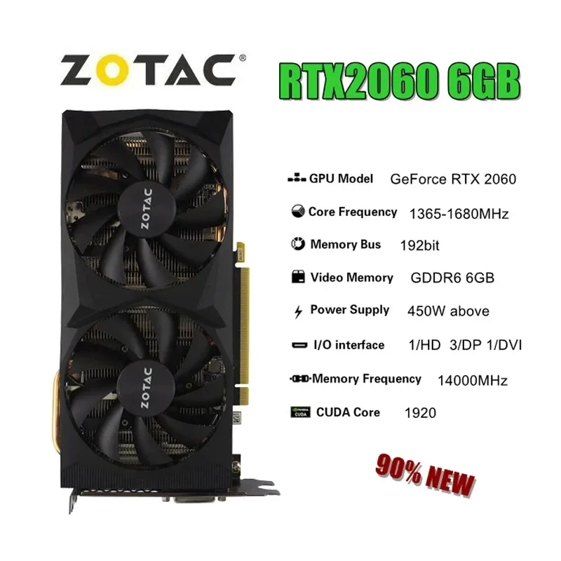 2024 бывшая в употреблении видеокарта ZOTAC RTX 2060 6 ГБ GPU RTX2060 GDDR6 192 бит игровая видеокарта