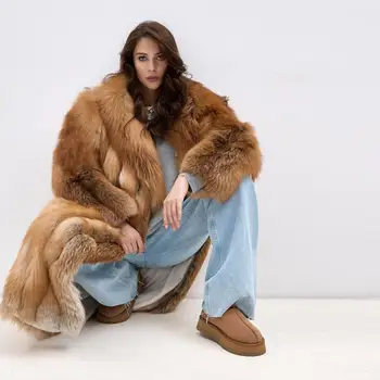 100cm uzun gerçek kırmızı tilki kürk ceket ile turn-aşağı yaka lüks kadınlar Wholeskin hakiki kırmızı tilki kürk palto kış kadın dış giyim