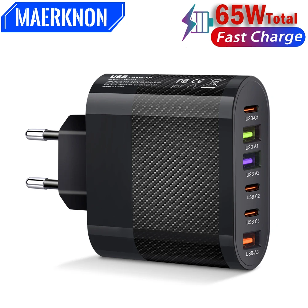 65W PD USB Charger 6 Ports USB Type C Charger Quick Charge 3.0 Fast Charging For iPhone 14 Samsung Xiaomi Mobile Phone Adapter