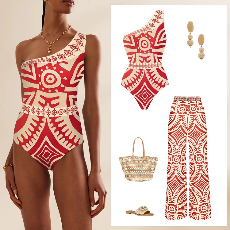 2024 New Ethnic Style One Shoulder One Piece Swimsuit and Pants  Summer Swimwear Women Beachwear Luxury Bathing Suit