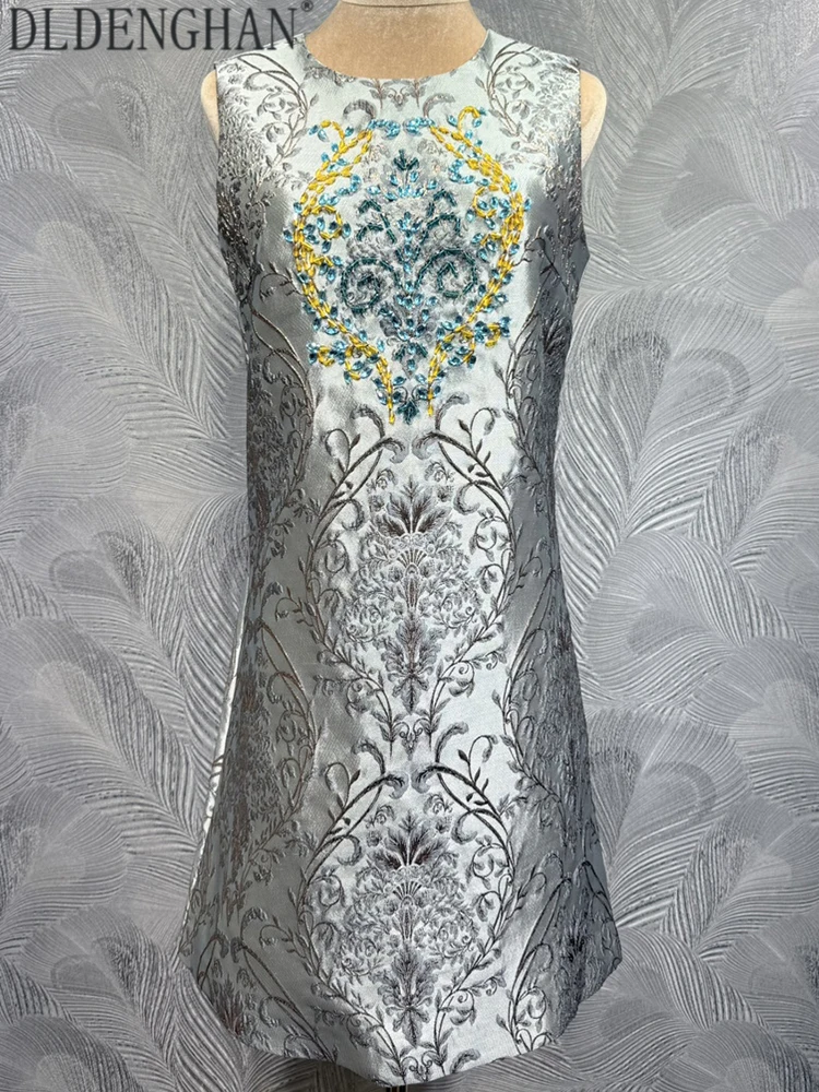 

DLDENGHAN Women's Summer New model Classic Style Vest Mini Dresses O-Neck Sleeveless Jacquard Beading Decorate