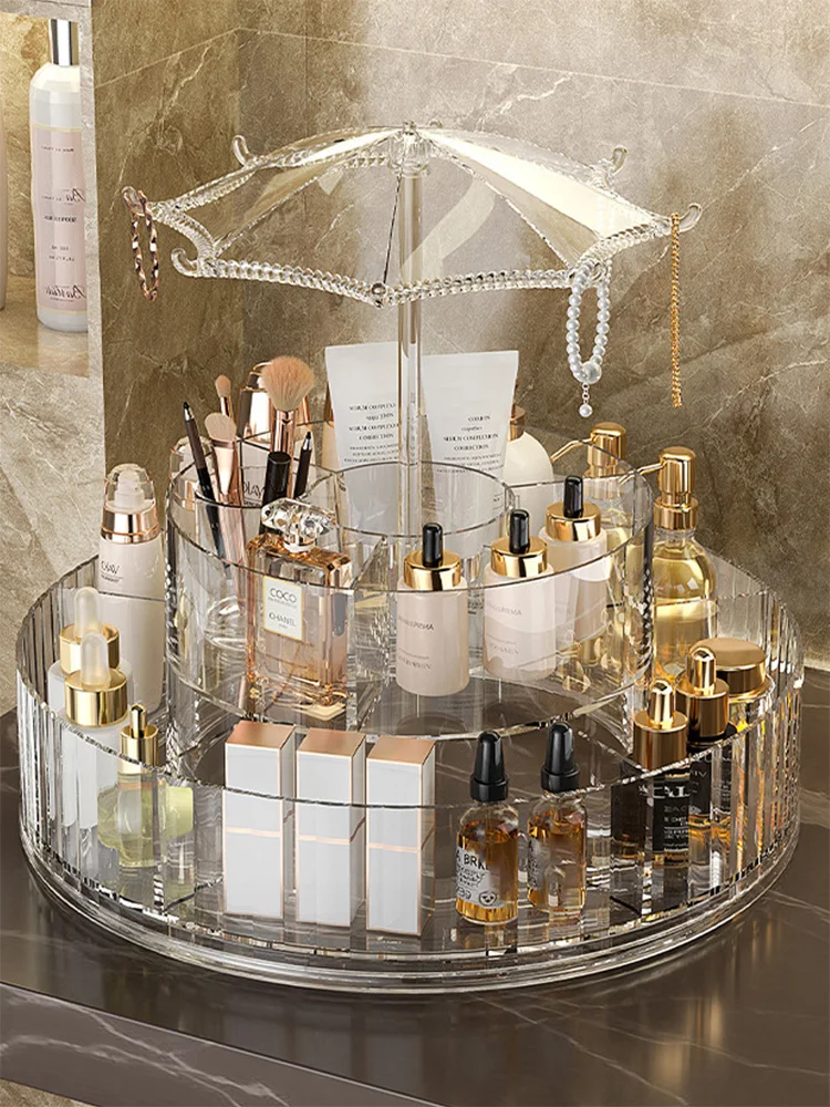 Organizador de maquillaje giratorio de acrílico con diseño de paraguas, organizador de maquillaje giratorio de 360 grados, organizadores de cosméticos para lápiz labial, cosméticos, perfume,