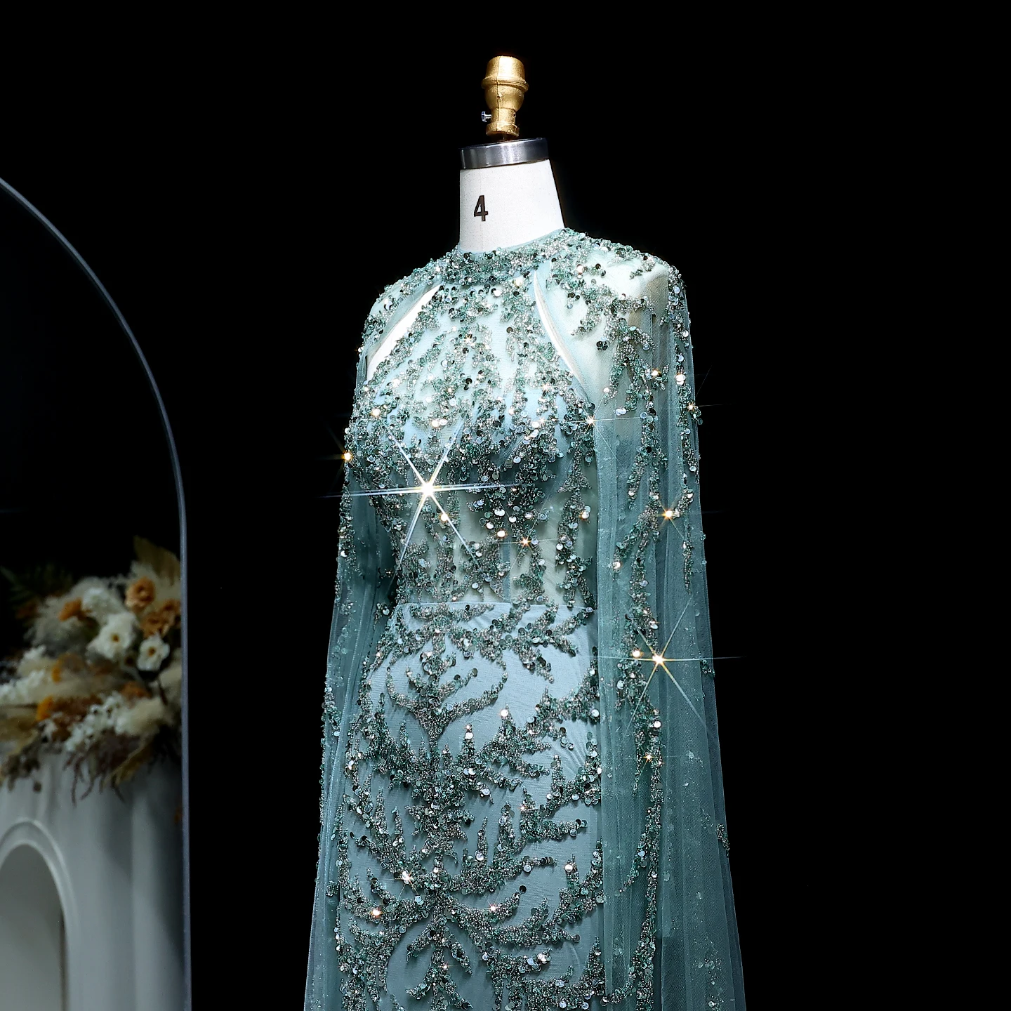 Sharon Said Elegantes Perlenbesetztes Champagner-Abendkleid mit Cape-Ärmeln, Türkis, Dubai, Damen-Hochzeitskleider, SS161, Maßanfertigung – Detail 15