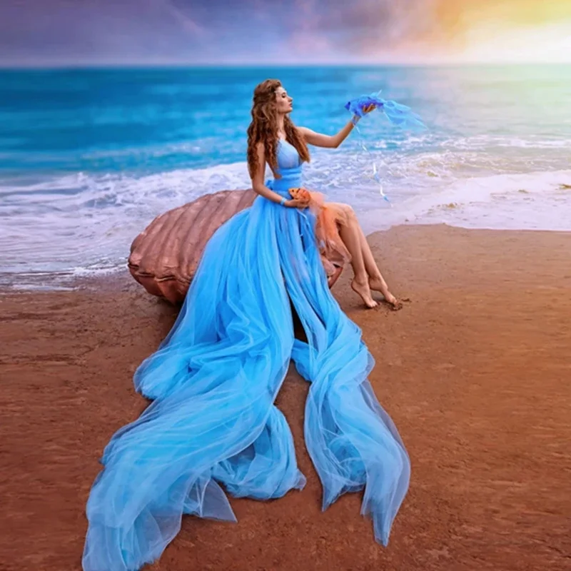 Plaża niebieskie tiulowe długie damskie letnie sukienki do fotografii Sexy V Neck Mesh Prom sukienki na przyjęcie bardzo długi pociąg bez rękawów PromGown — zdjęcie 2