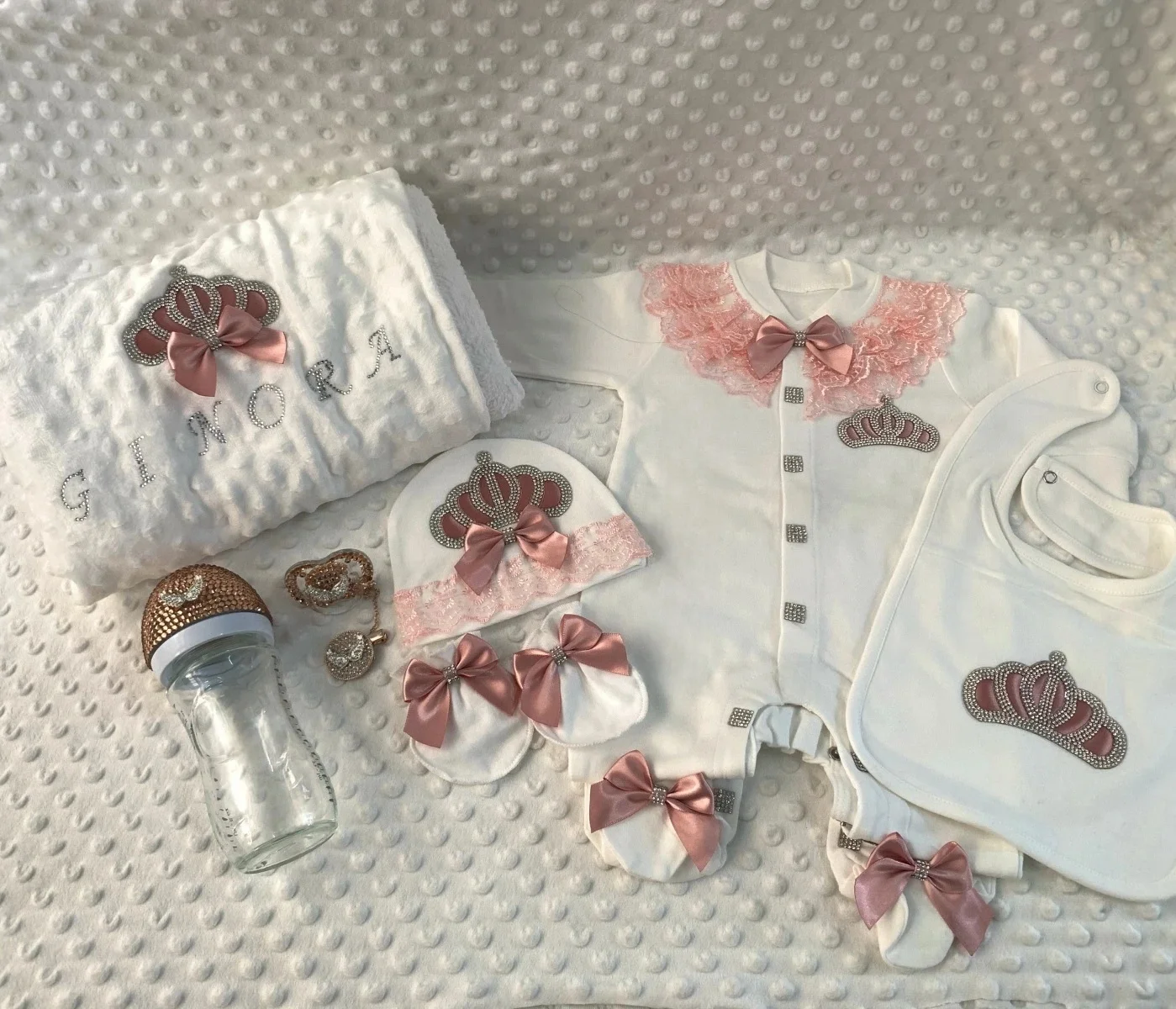 Baby Mädchen Junge Prinzessin Prinz Krankenhaus-Entlassung Neugeborenen Bling Outfits Babyflaschen Geschenkset Babyparty Geschenk 5-teiliges Set mit Kronen-Strampler