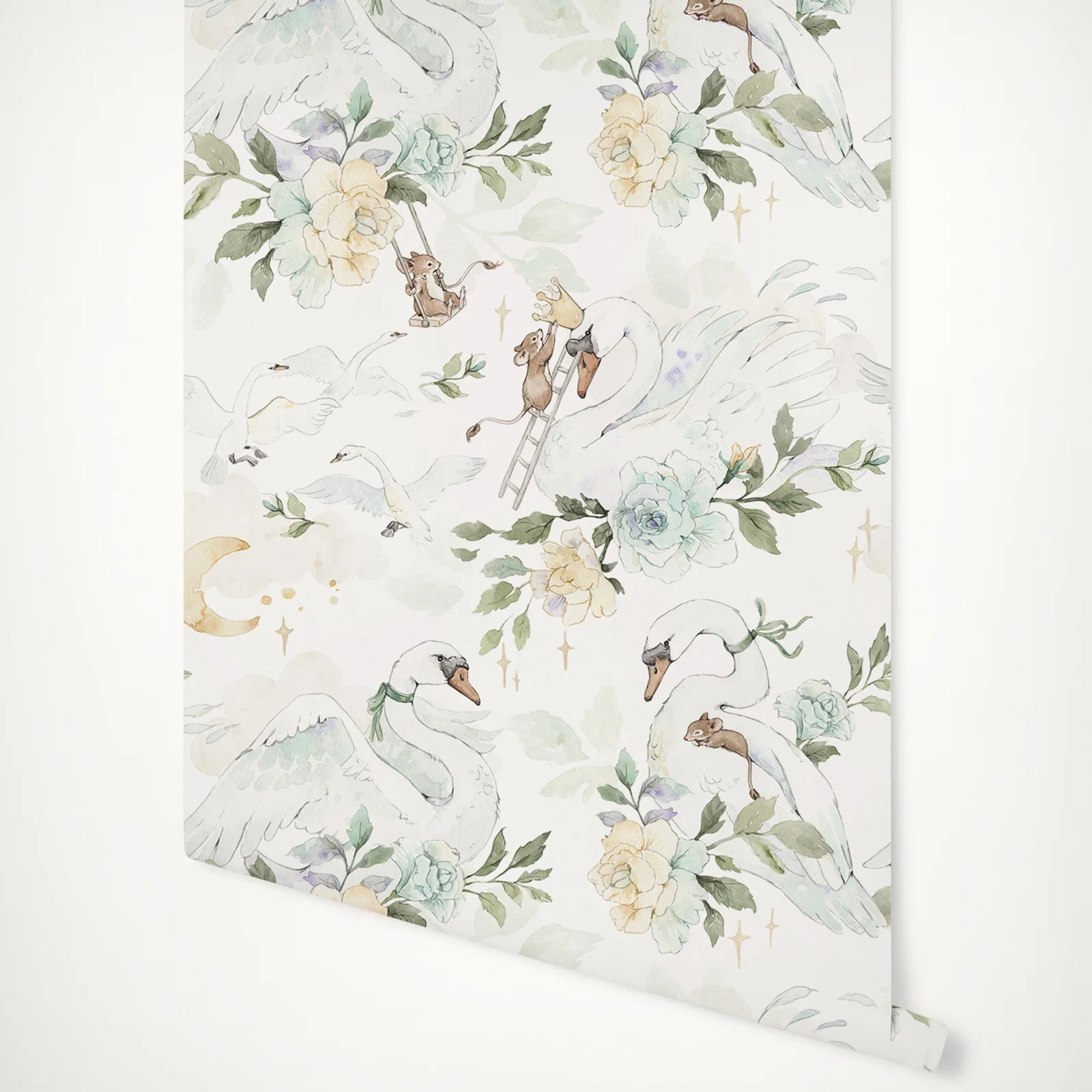 

Watercolor kids wallpaper.Friendship Story Wall paper with Swan and mouse in tropical flowers