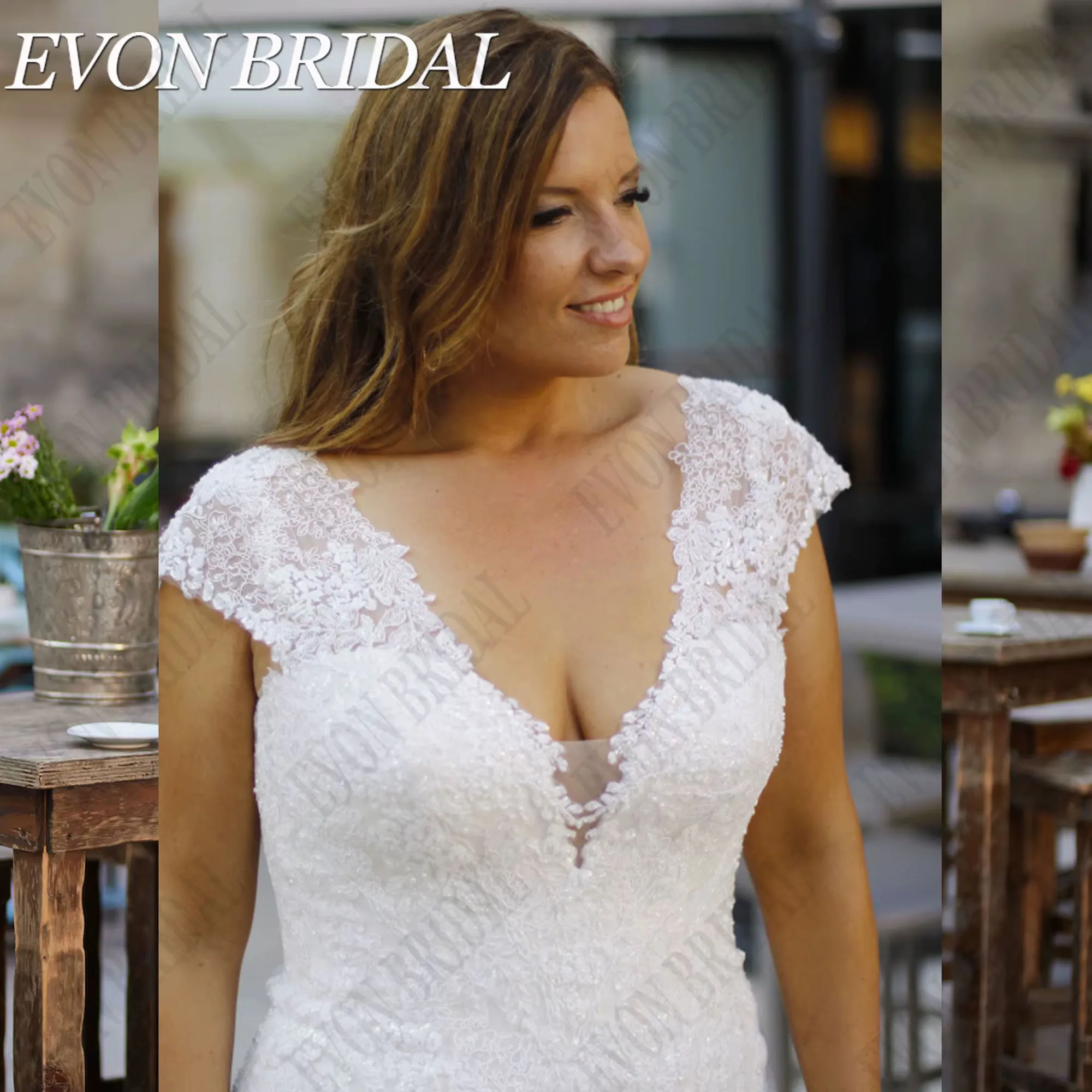 فستان زفاف كبير الحجم العروس على شكل حرف v وأكمام قصيرة مزين فساتين العروس Vestidos De Novia بأربطة ترتر EVON BRIDAL مخصص #3